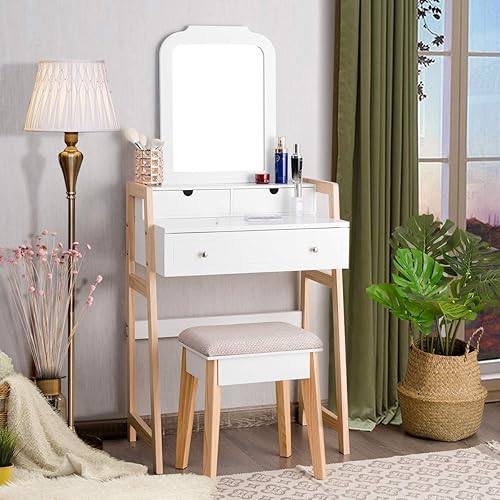 Miniatura 2 de CHARMAID Escritorio pequeño con espejo, escritorio de maquillaje blanco con 3 cajones, alturas ajustables, tocador compacto para dormitorio con