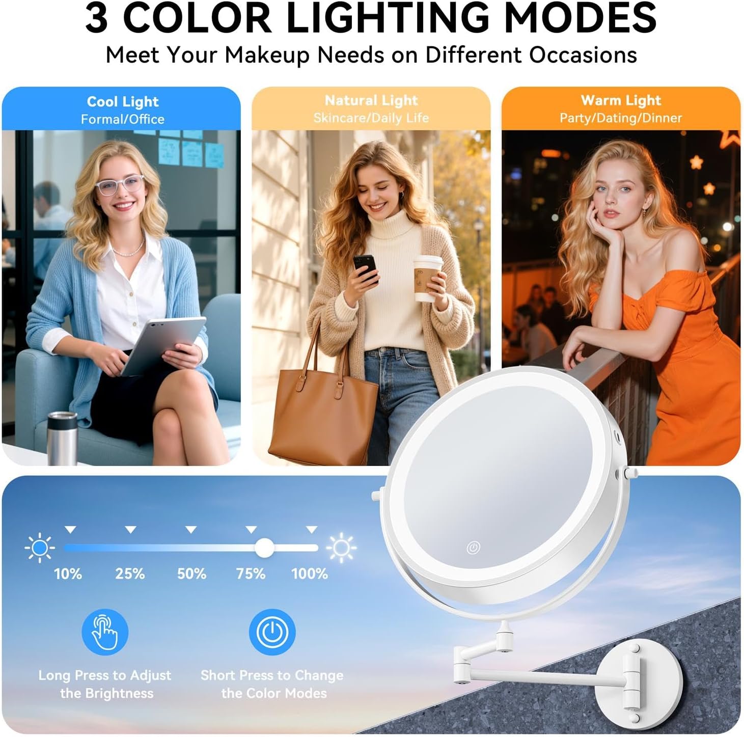 5000mAh Rechargeable Wall Mounted Lighted Makeup Mirror, 9'' 30X/1X Double-Sided Magnifying Mirror with Light, Bathroom Mirror Touch Dimmable 3 Colors 360° Rotation Extended Arm, Power Adapter