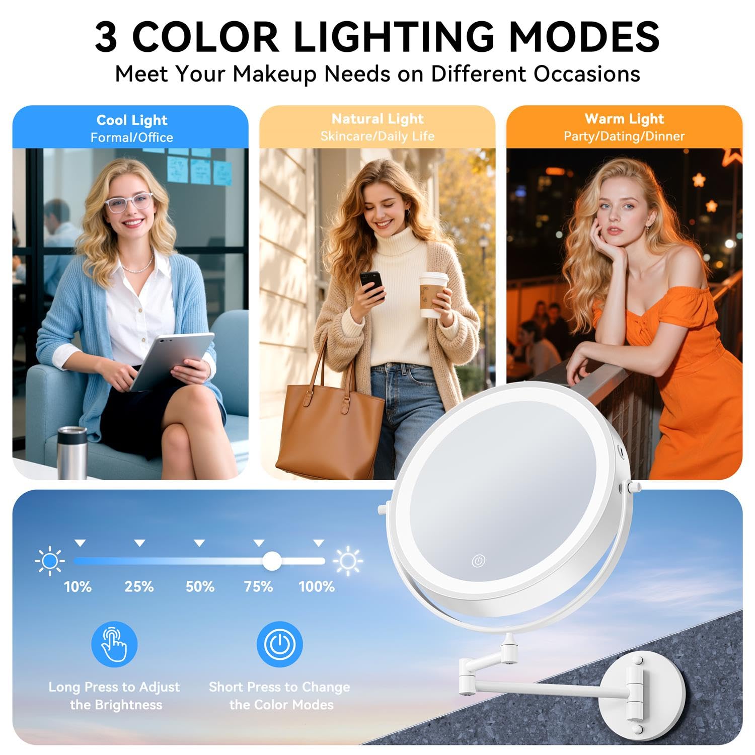 Espejo de maquillaje montado en la pared 1X/30X con luz, espejo de aumento de doble cara de 9 pulgadas, 3 luces de color, espejo de tocador regulable táctil con rotación de extensión de 360°, brazo