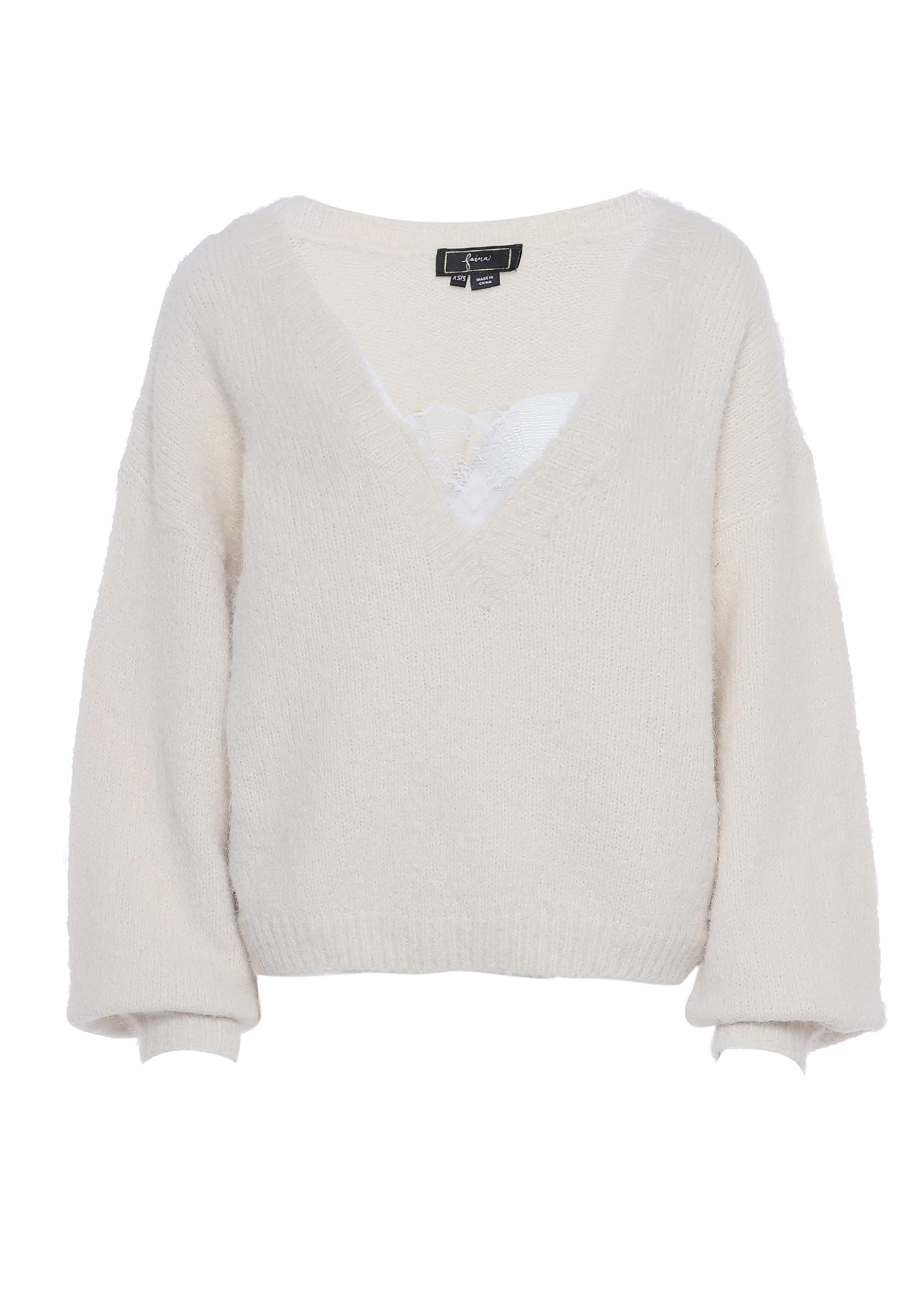 faina Damski temperament głęboki dekolt w serek luźny design sweter wełniany biały rozmiar XL/XXL, biały (wollweiss), XL