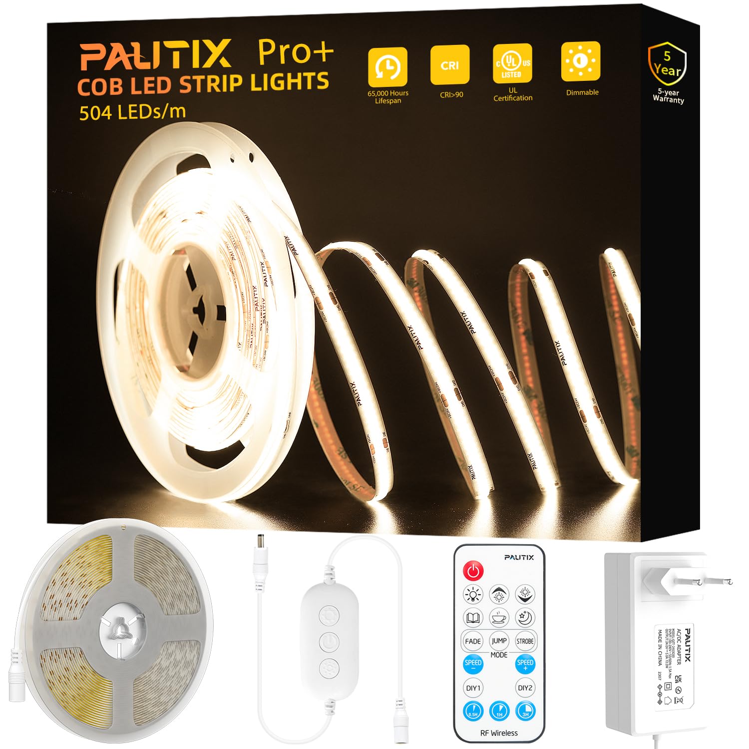 PAUTIX Taśma LED COB naturalna biała 4000K, 504LED/M, możliwość przyciemniania, 7,5 m, 24 V, elastyczna, z pilotem RF i zasilaczem sieciowym, CRI90 + oświetlenie podszafkowe do dekoracji domu DIY
