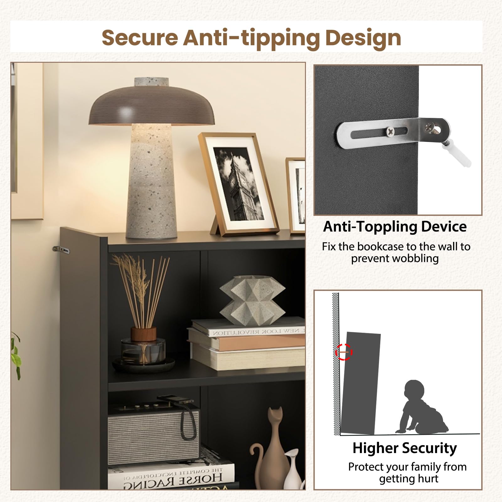 KOMFOTTEU Bibliothèque En Bois à 3 Niveaux Ouverts, Armoire Base Avec