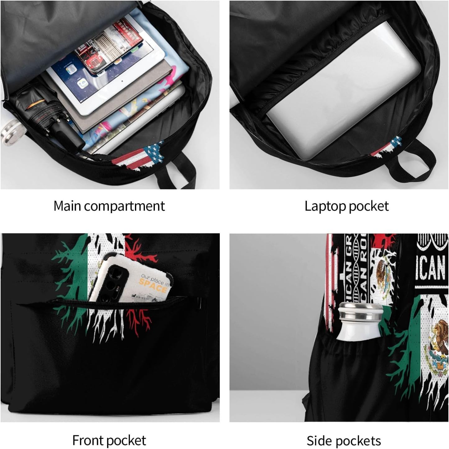 American Mexican Mexico Flag Mexican Roots Laptop Backpacks Double Shoulder Laptop Pack Bag Casual Back Pack Lightweight Daypack Bags With Side Pockets For Business Travel Hiking - Image 6