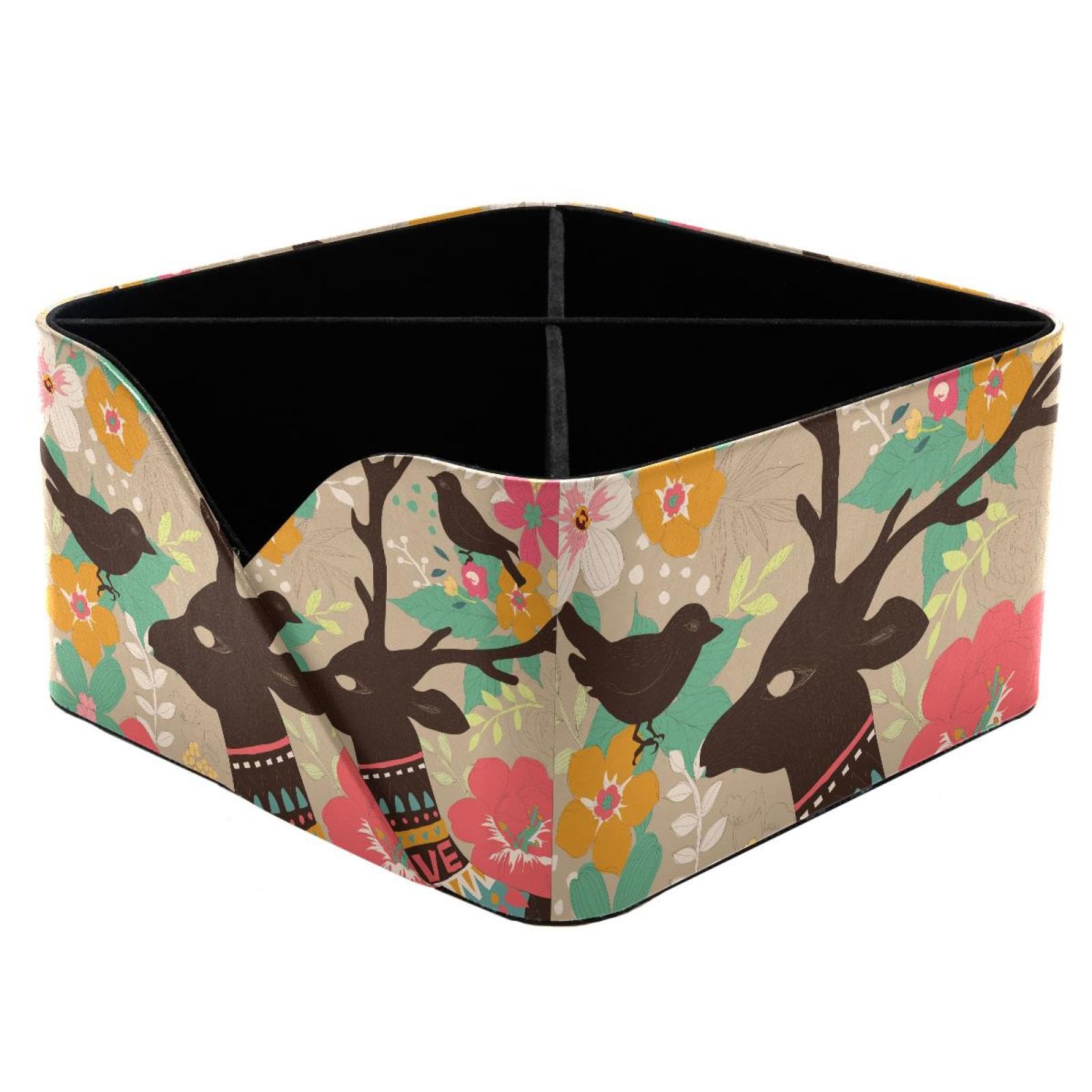 KengjuTesu Christmas Deer with Sketch Flower Desktop Organizer Pen Holder, Rectangular Pencil Cup for Office, Study and Makeup Stations