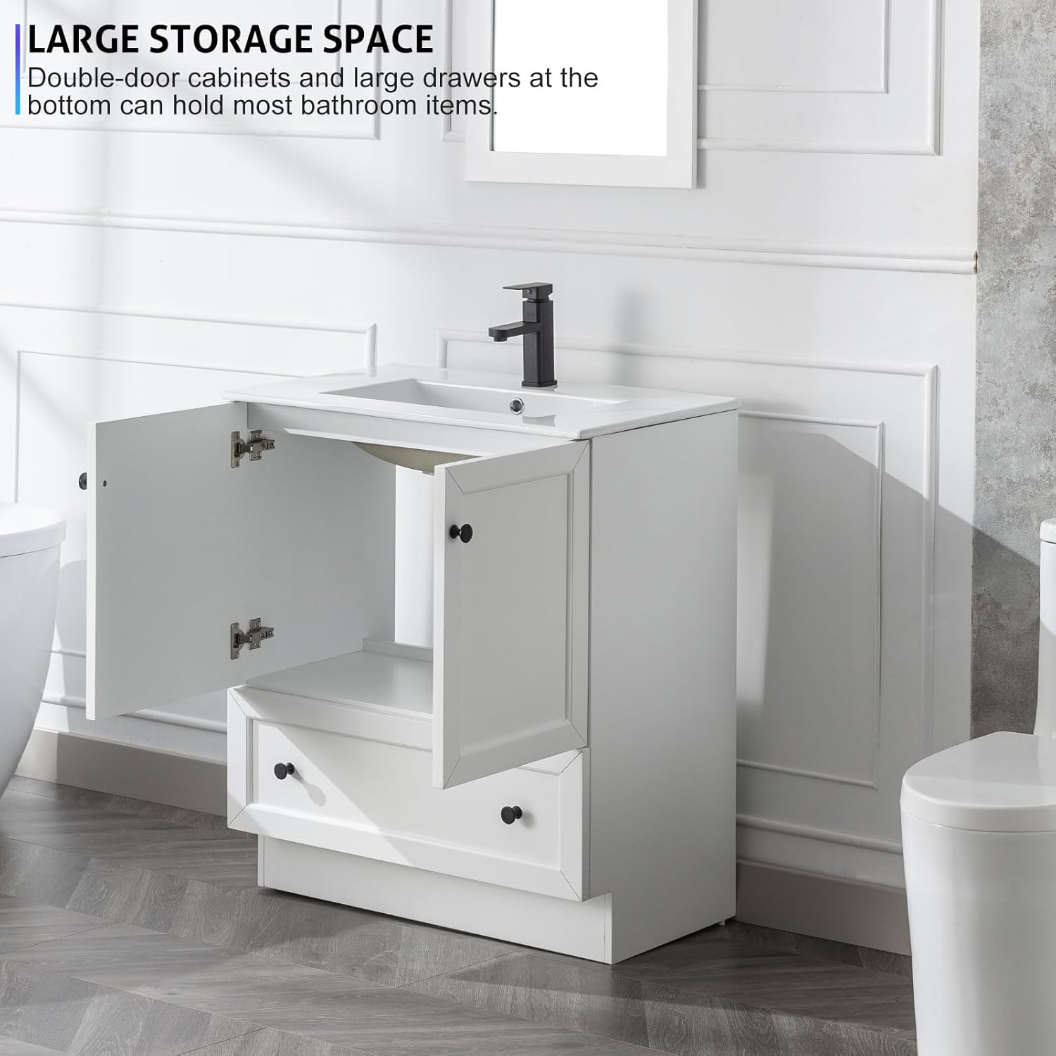 LUCKWIND 30" Modern Bathroom Vanity with Sink Combos, Painted Wood Skirting Line Design Bathroom Storage Cabinet, Includes Large Sink and Water Saving Faucet Without Mirror, White