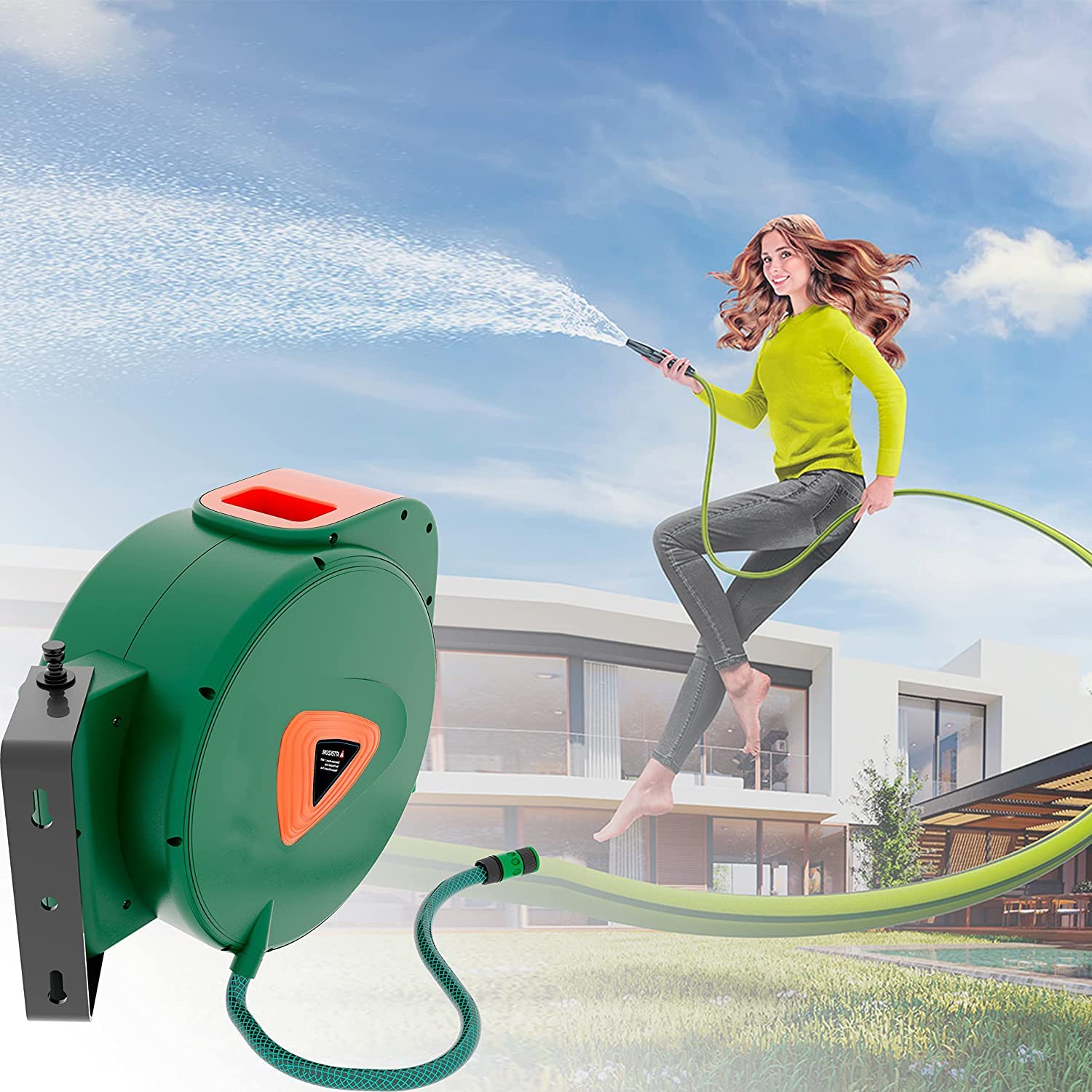 BRICOZONE Avvolgitubo per Acqua con Tubo in PVC Attacco 1/2" da Giardino Fissaggio Parete Muro Blocco Automatico Riavvolgitore Auto Stop Accessorio Esterno Salvaspazio Pressione 24 Bar 20 + 2 M Verde