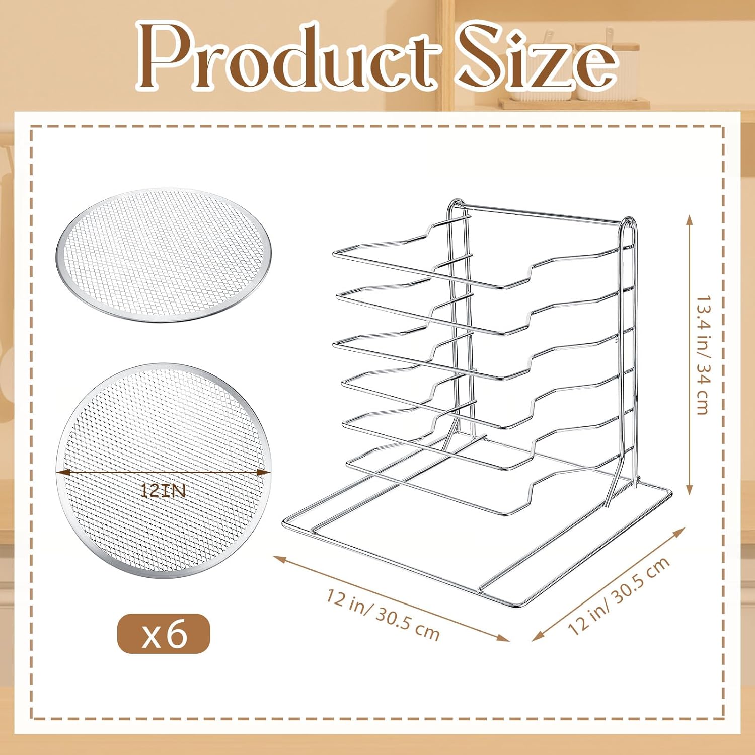 Zhehao Pizza Rack 6 Tiered Stand 13.4'' H x 12'' L x 12'' W and 6 Pcs 12'' Pans with Holes, Aluminum Baking Set for Easy Storage and Baking Multiple Pizzas