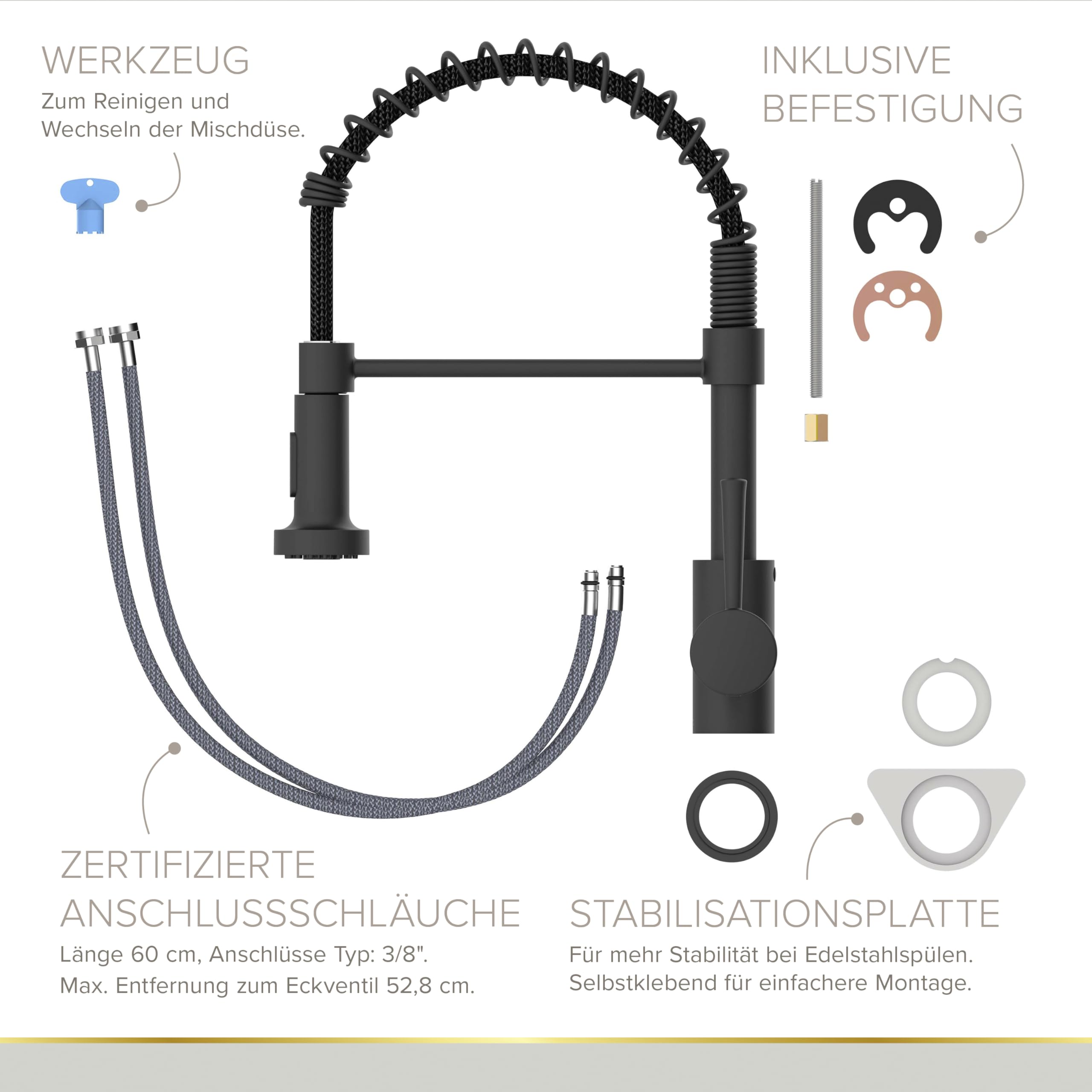 Lenz Küchenarmatur NOVA in schwarz-matt – Pendelbrause mit 2 Strahlarten