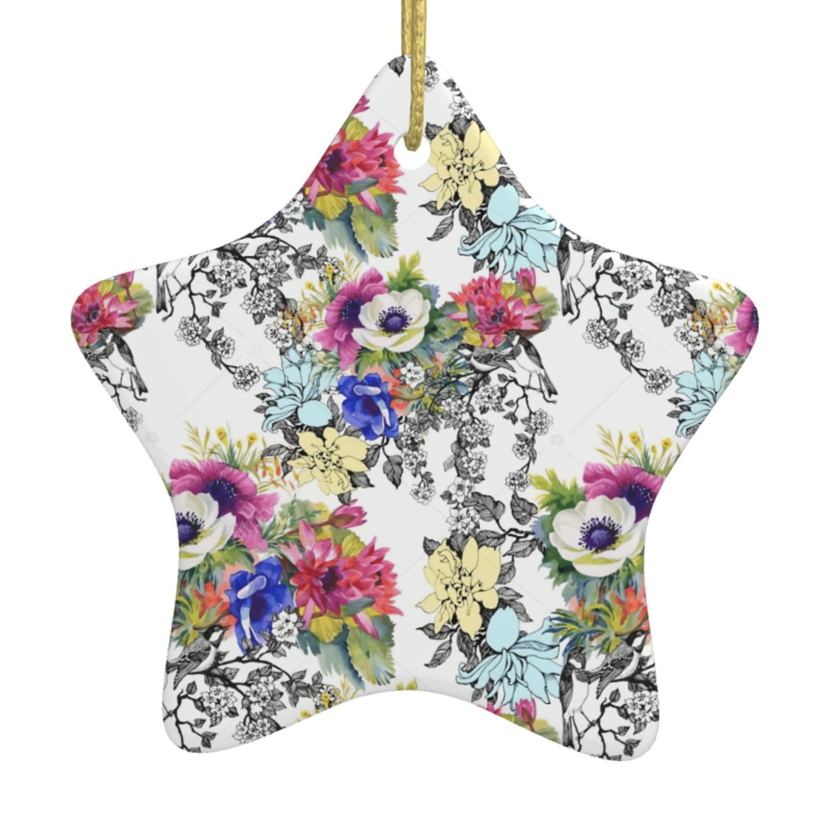 Garden Blossoming Wildflowers Birds Leaves Branches Print Christmas Ornaments, Ceramic Hanging Ornament, Round Shape Decorations