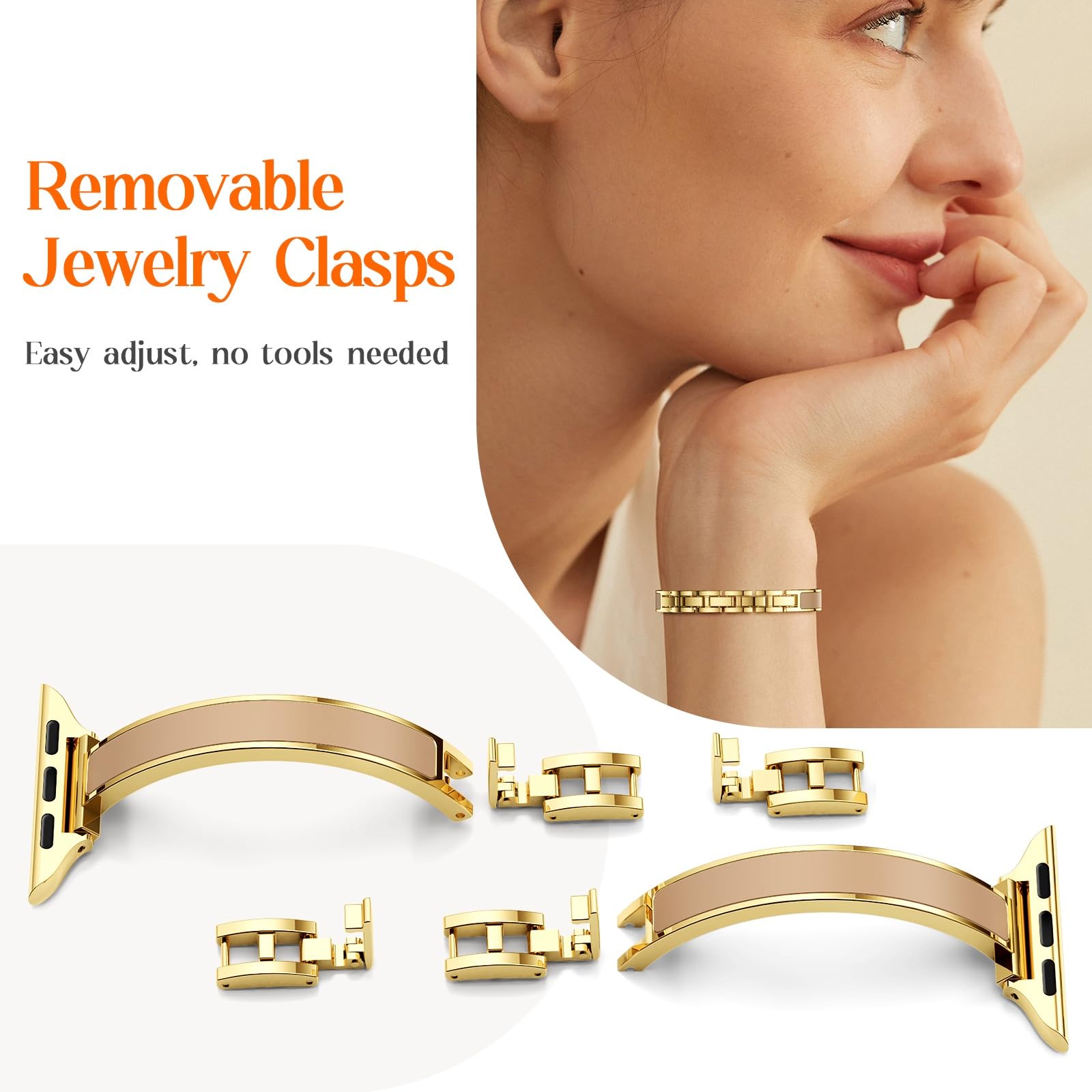 Mosonio Slim Designer Bracelet Bands for Apple Watch Women, Elegant Thin Dressy Metal Band with Embedded Silicone Accents Compatible with Apple Watch Ultra / Series 11 10 9 8 7 6 5 4 SE 3 2 1, Easy-Adjust Link Fancy Strap for iWatch 49mm 46mm 45mm 44mm 42mm 41mm 40mm 38mm (Sizes vary by model) — view 2