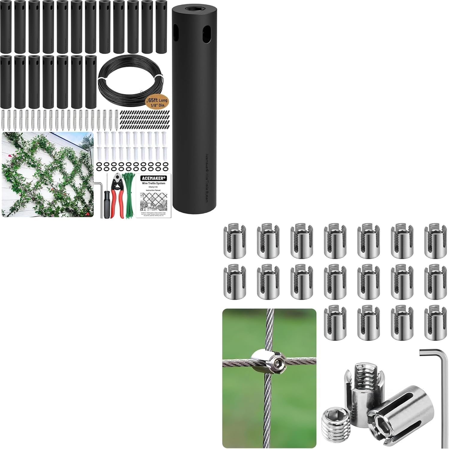 20Pcs 1/8'' Invisible Cross Clamp + Cutter + 20Pcs Black Cylindrical Standoffs + 65ft Vinyl Coated Cable | Acemaker Wire Trellis for Climbing Plants Outdoor