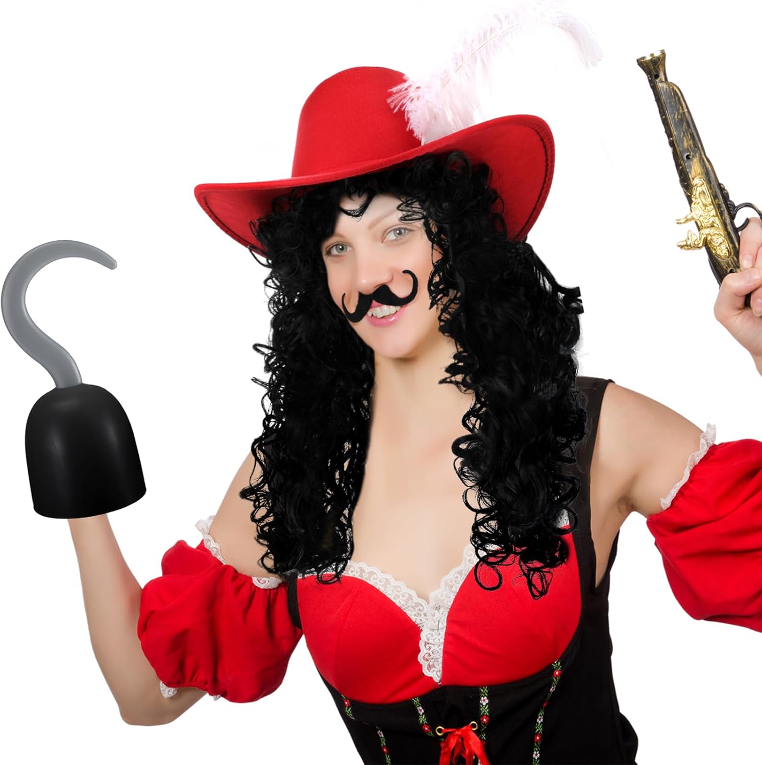 4 Pcs Halloween Pirate Captain Costume Accessories Including Hook Wig Mustache Feather Hat Halloween Themed Party Cosplay for Adult Men and Women Birthday Party Drama Performance - Image 6