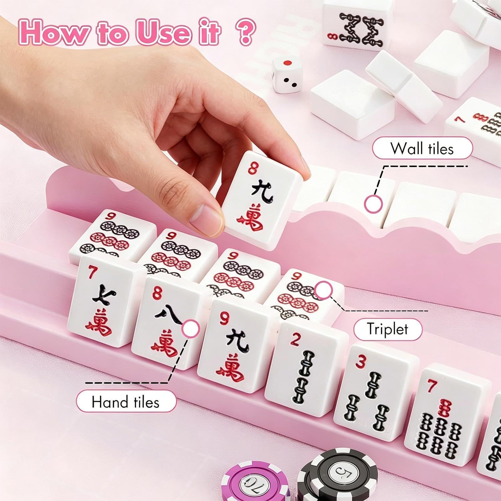 Genérico 4 estantes Mahjong con empujadores magnéticos, Juego de estantes para Azulejos de Mahjong Americano de Madera Natural, Accesorios Modernos para Juegos de Mesa para Azulejos Mahjongs