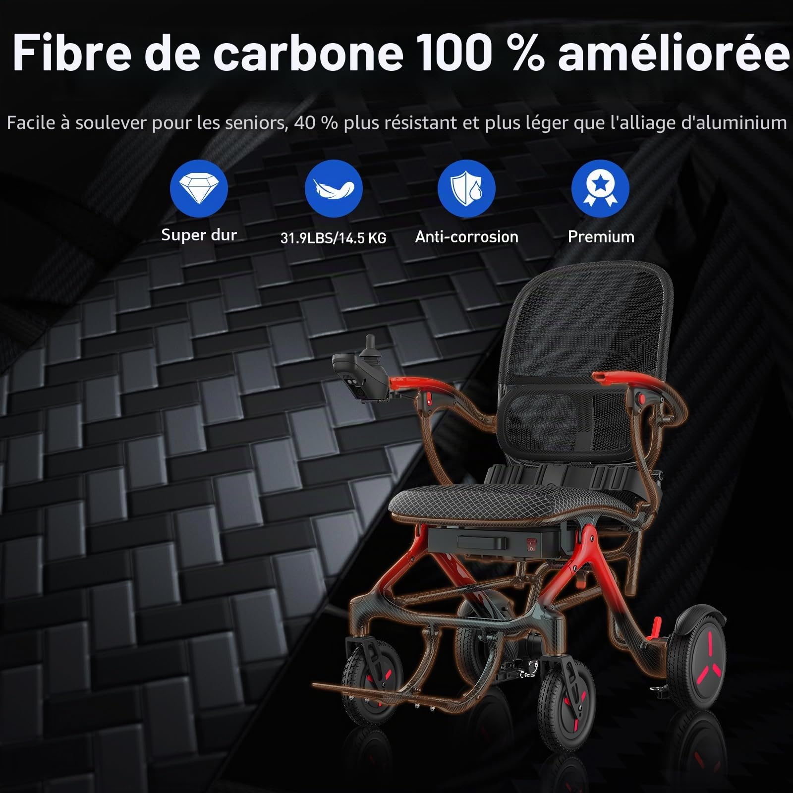 Fauteuil roulant électrique pliable et léger en carbone: autonomie de 25 km avec pneus increvables pour tous les terrains – Fauteuil roulant électrique avec dossier respirant jusqu'à 150 kg