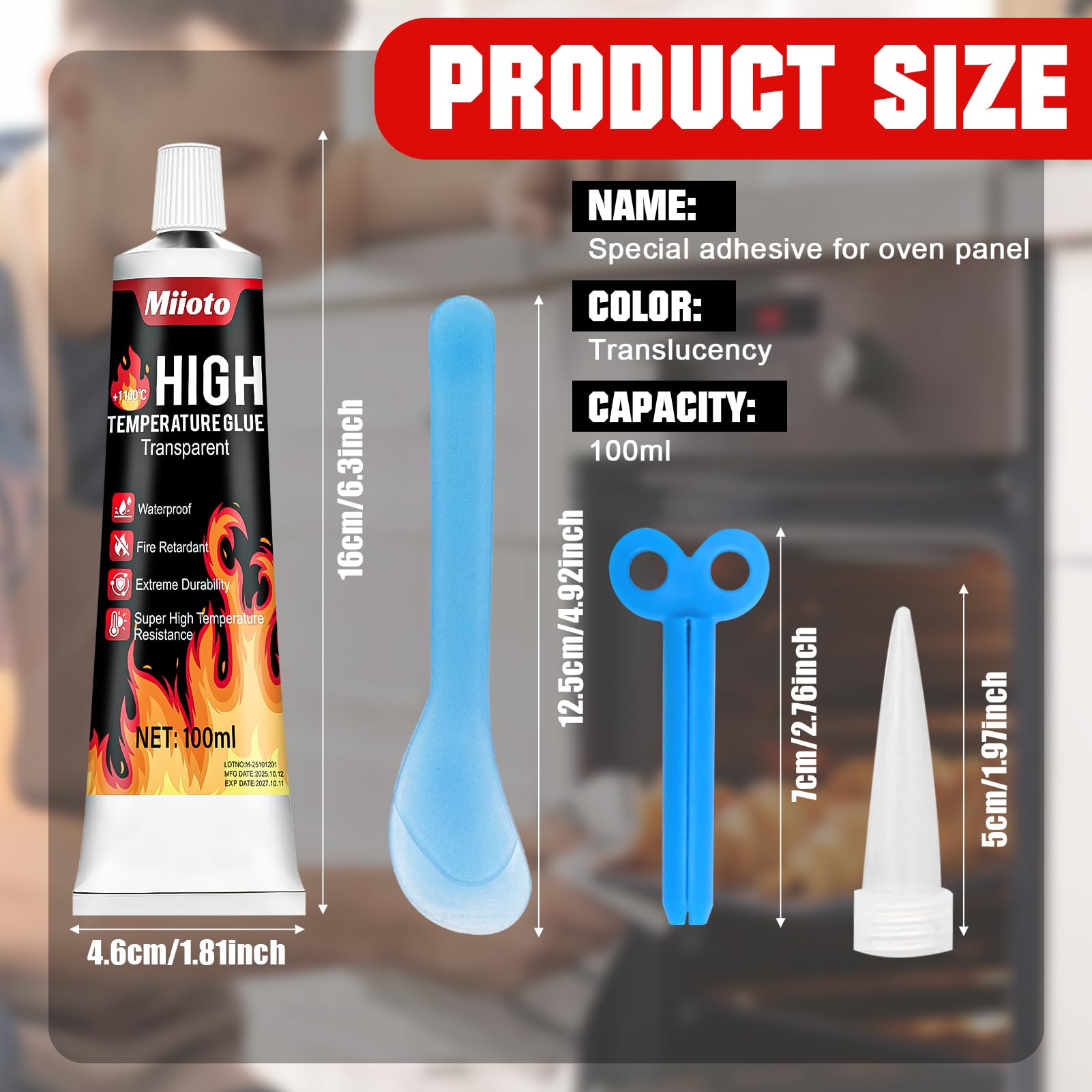 Miioto Silicone Alte Temperature, Colla Alte Temperature, Silicone Alta Temperatura, Indurimento Rapido, Adesivo Resistente al Calore per Caminetti, Stufe, Scudi Termici, 100 ml