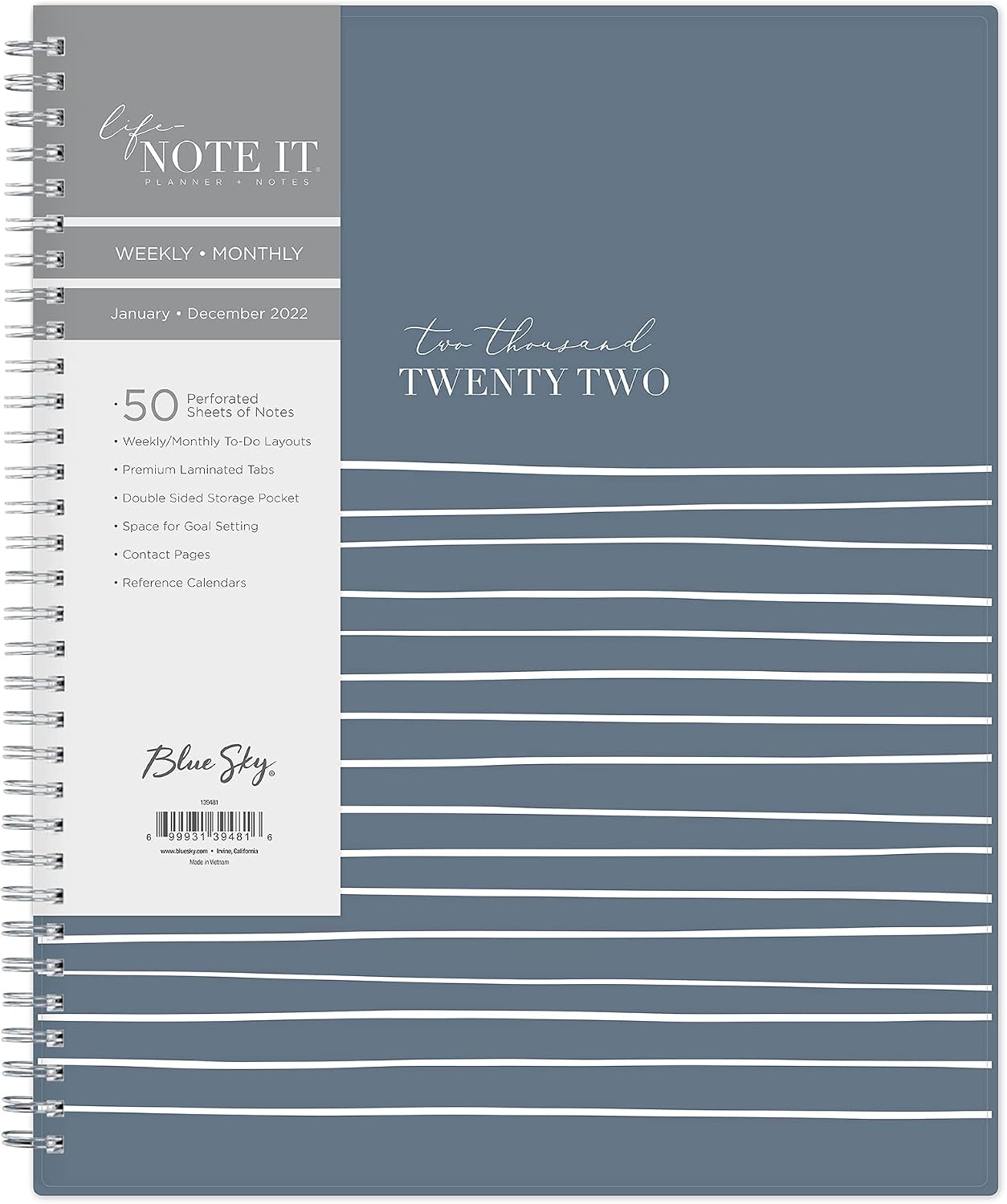 Blue Sky Life Note It 2022 Weekly & Monthly Planner Notes, 8.5" x 11", Flexible Cover, Wirebound, Steel Blue Signature Stripe (139481)
