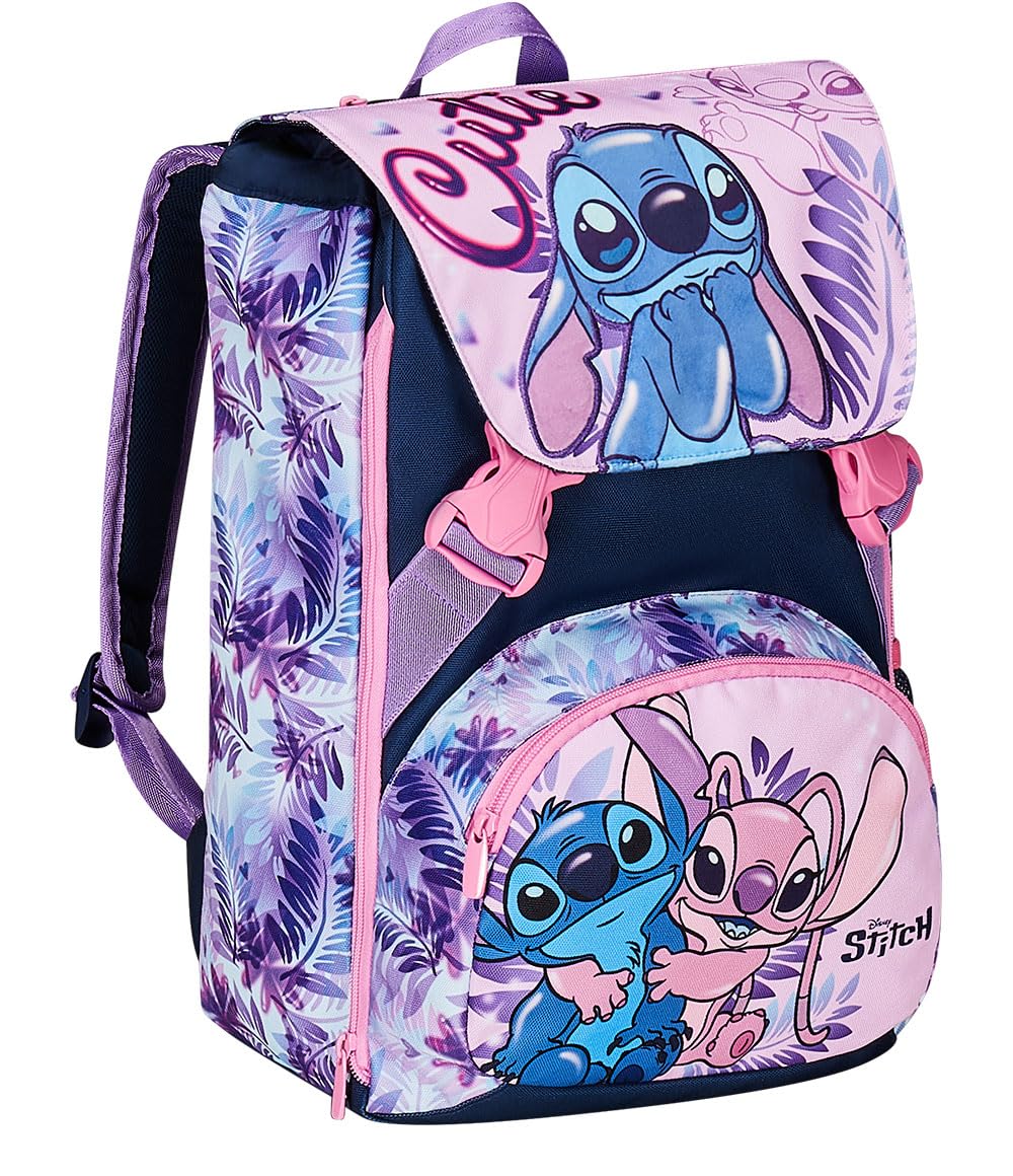 Seven Zaino Scuola Estensibile DISNEY - LILO & STITCH 2CUTE, Azzurro Rosa - Doppio Scomparto Sdoppiabile Tramite Zip e Con Tasca Porta Borraccia, Bambina