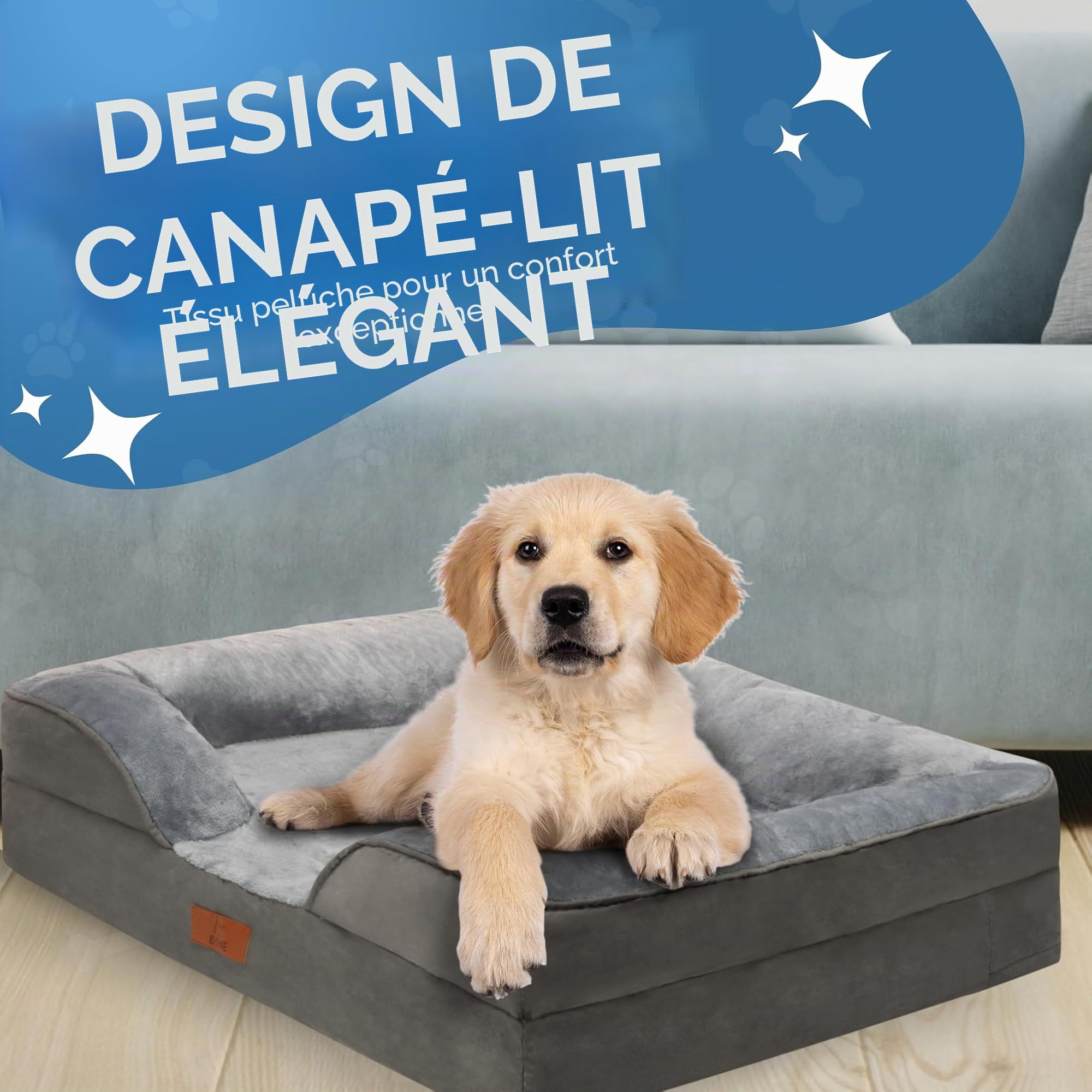 Fur & Bone Lit pour chien de taille moyenne (70 x 58 x 18 cm) - Lit pour chien avec coussin doux - Lit orthopédique pour chien - Housse amovible en velours peluche - Couche imperméable - Fond