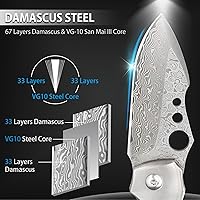 Vista 2 de NedFoss Cuchillo de bolsillo de Damasco para hombre, hecho a mano forjado VG10 Damasco cuchillo de bolsillo con hoja de acero de Damasco con mango