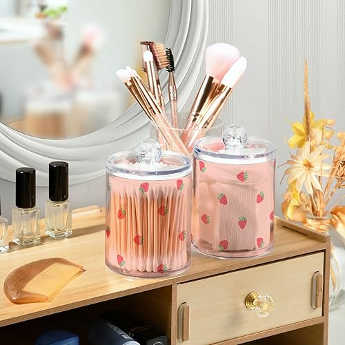 Miniatura 5 de Fustylead Paquete de 2 dispensadores de soporte Qtip de fresa rosa, juego de accesorios de baño para bolas de algodón, hisopo, almohadillas Rosa01