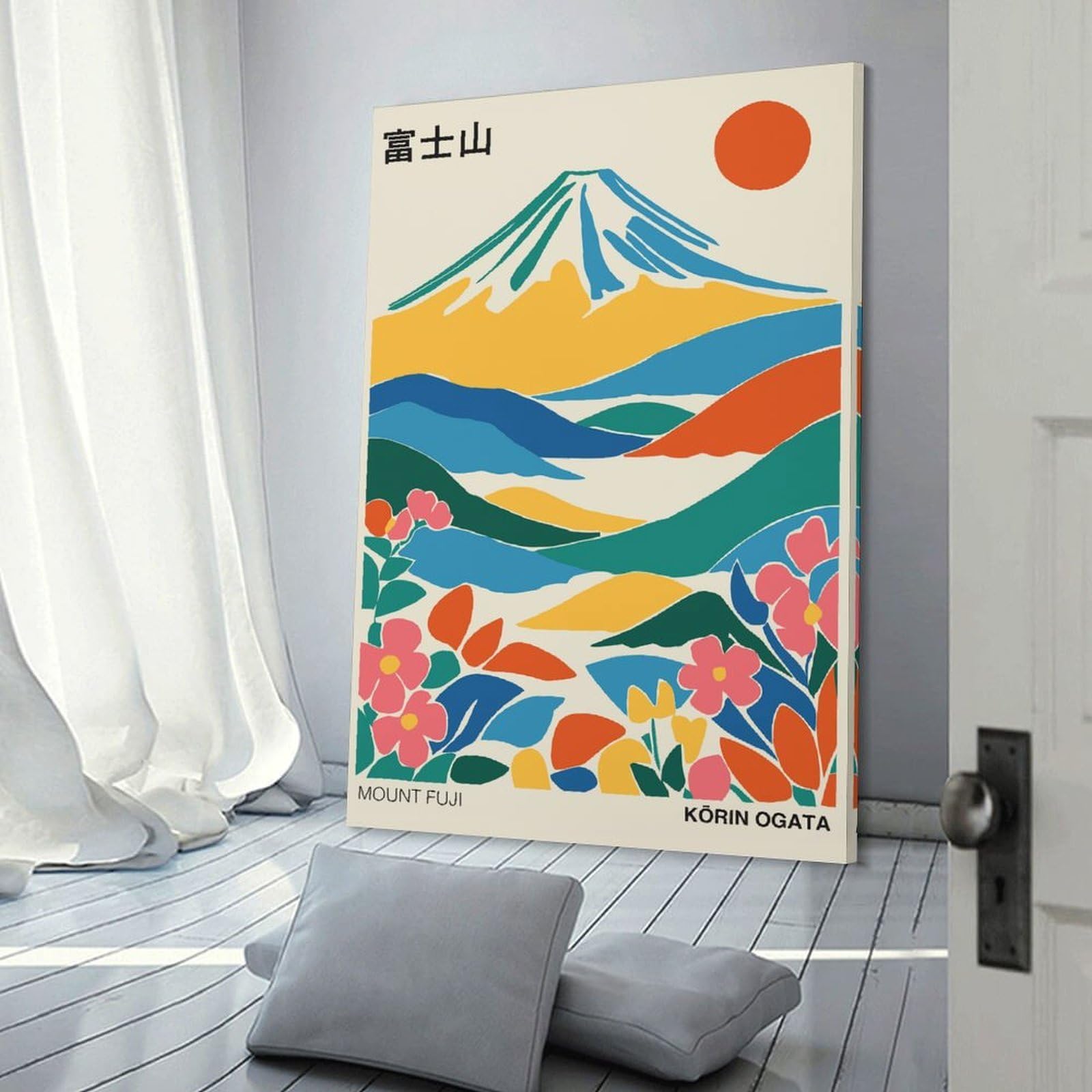 Junmoney Mount Fuji Landscape with Flowers Home Decor Wall Art, 24x36inch(60x90cm), for Calm Bedrooms, Home Corners Or Flats, Canvas Wall Decor for Personal Spaces