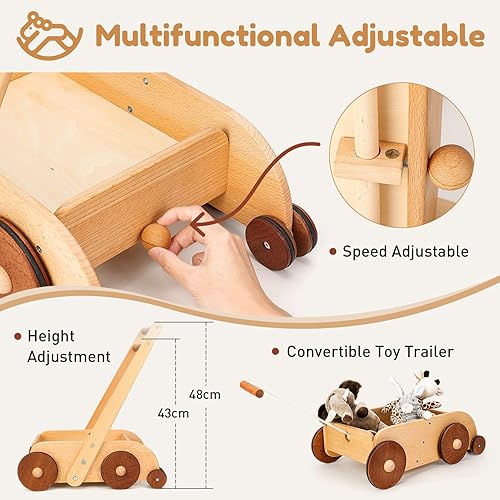 Miniatura 4 de Woodtoe Andador de madera para bebé, juguete de velocidad ajustable antivuelco para bebés que aprenden a caminar, madera natural para niños pequeños