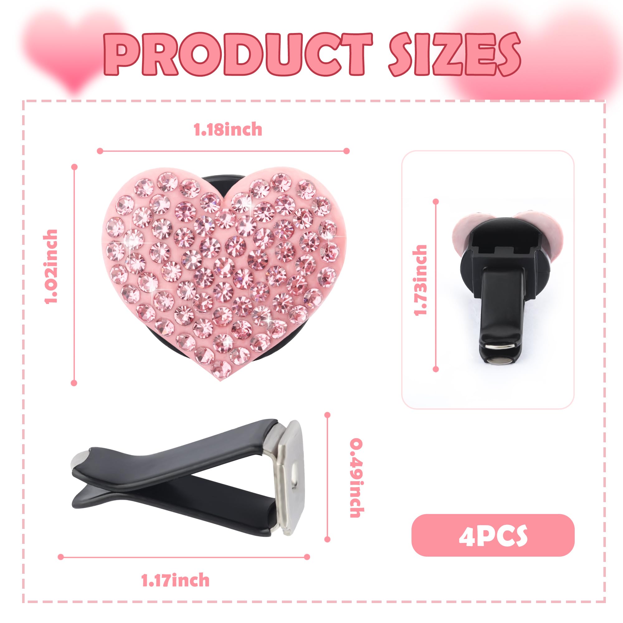 4PCS Heart-Shaped Car Vent Clips with Rhinestone Bling Air Vent Clips Car Decorations Premium Shiny Car Clips for — view 2