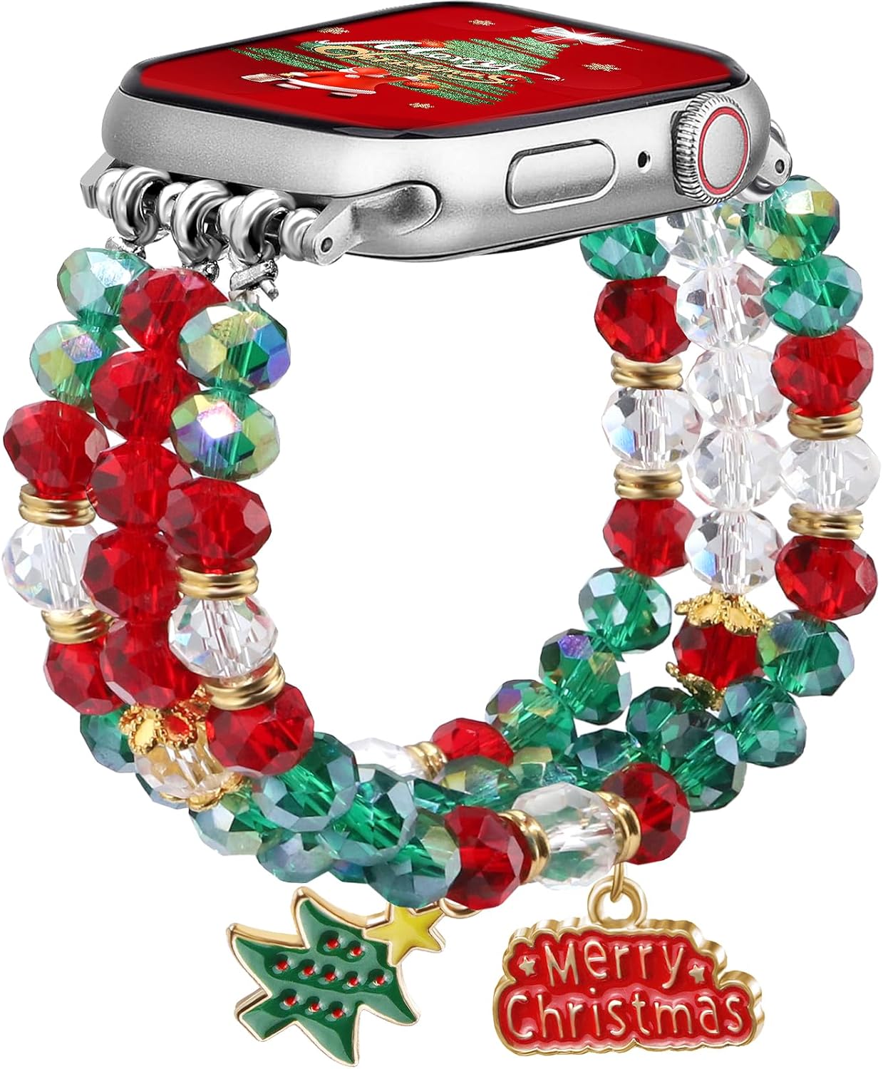 Christmas Crystal Beaded Bracelet Engraved Silicone Band Bundle Compatible with Apple Watch 38mm 40mm 41mm 42mm 44mm 45mm 46mm 49mm for Women for iWatch Series 10/9/8/7/6/5/4/3/2/1/SE/Ultra