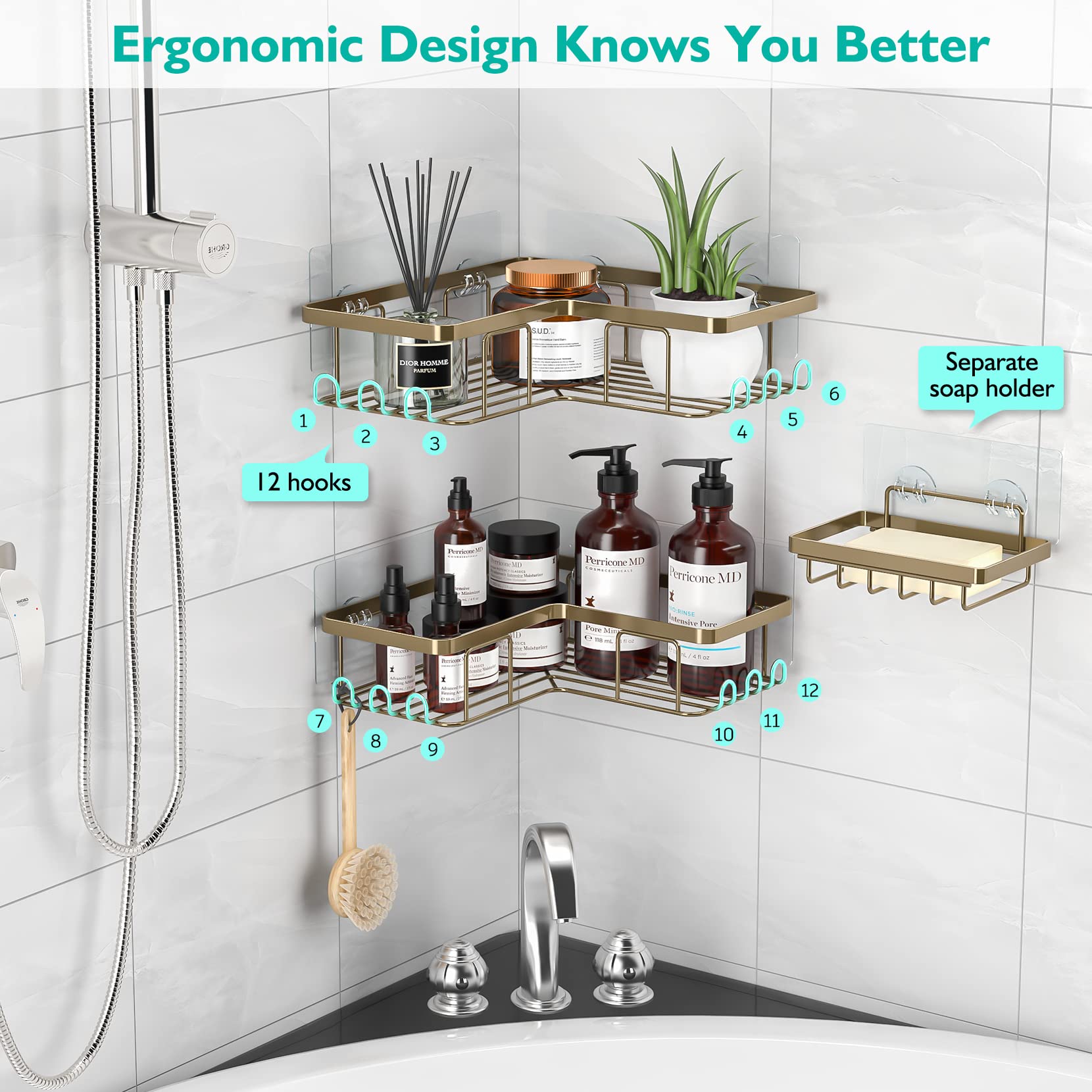 YASONIC Corner Shower Caddy, 3-Pack Adhesive Shower Caddy with Soap Holder and 12 Hooks, Rustproof Stainless Steel Bathroom Shower Organizer, No Drilling Wall Mounted Shower Rack, for Bathroom, Brown