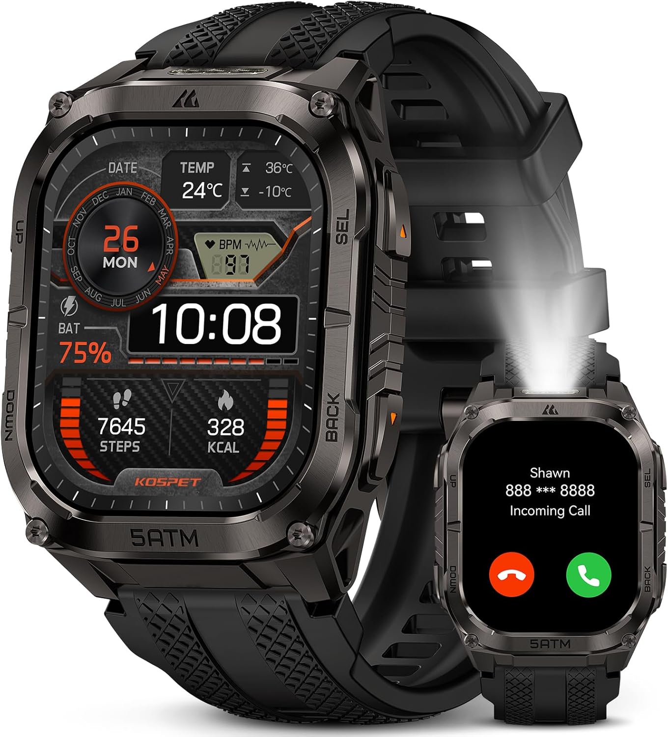 KOSPET Tank M4C Outdoor Smart Watch with GPS, 1.96" AMOLED Display, Built-in LED Flashlight & Walkie-Talkie, Long Battery Life, 50m Waterproof, Bluetooth Calls, 24/7 Heart Rate/Sleep Monitor