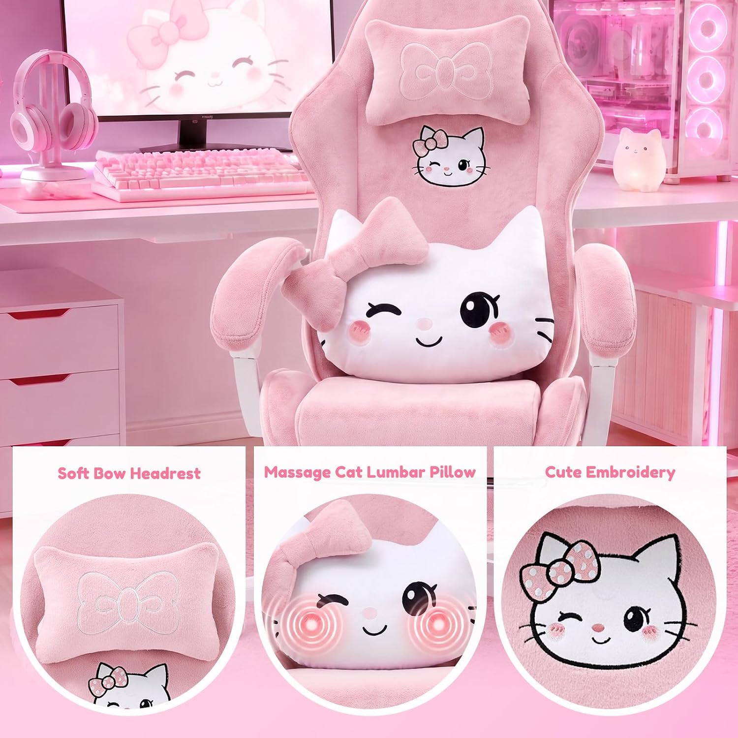 Pink Cat Gaming Chair,Ultra Soft Cute Microplush Fleece Office Desk Chair