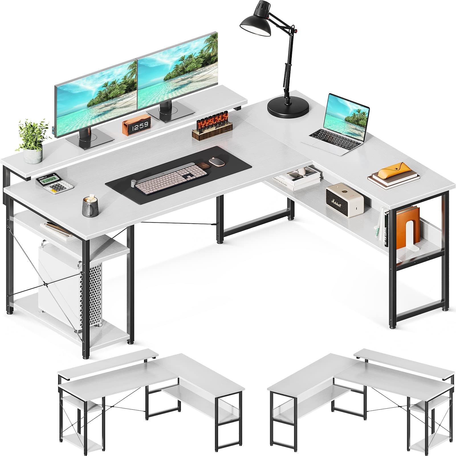 ODK L Shaped Computer Desk, 61" Reversible L Shaped Desk, Corner Computer Desk with Storage Shelves & Monitor Stand, Home Office Desk, Gaming Desk, Corner Desk, Writing Desk, White