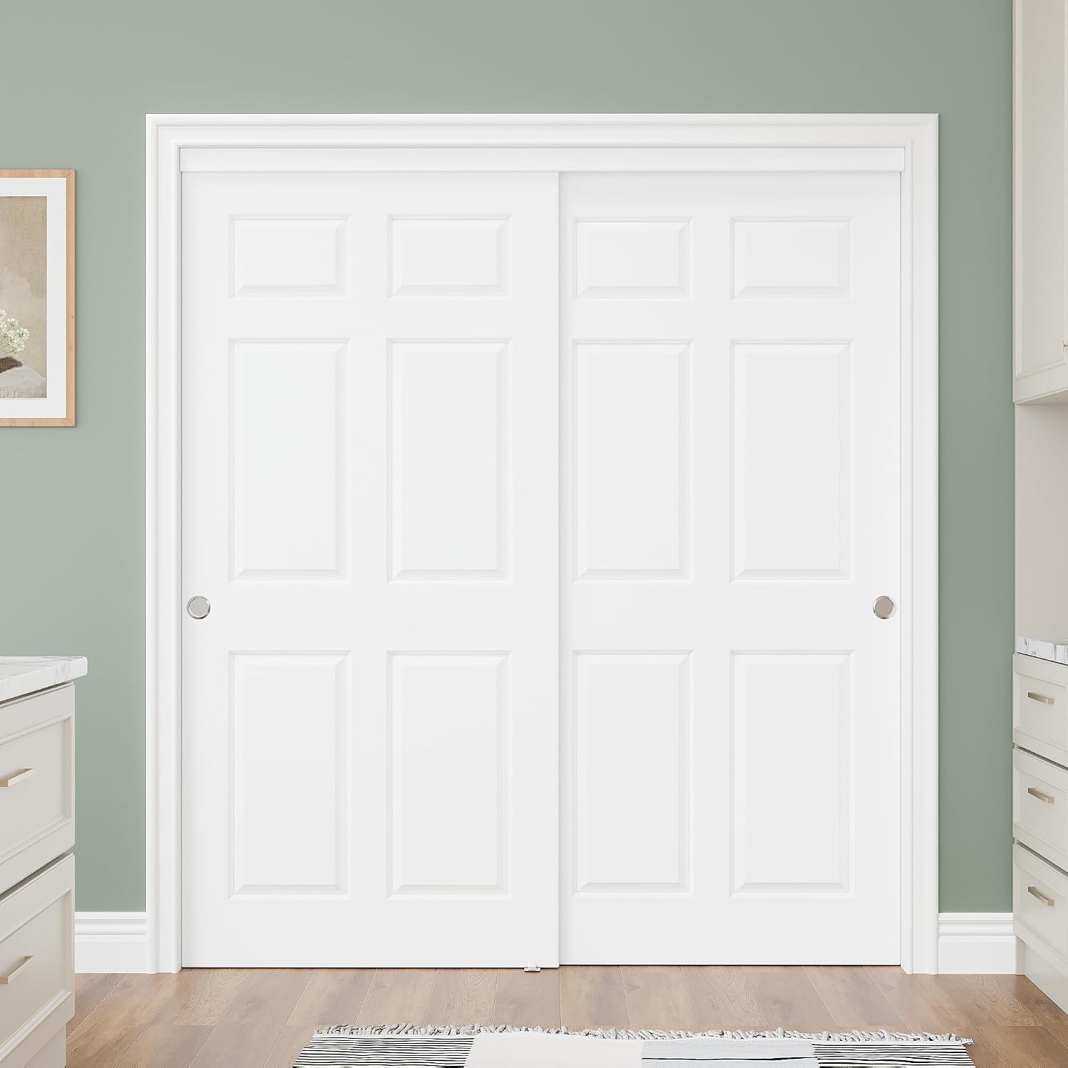 Sliding Closet Doors for 72"x80" Opening, 6-Panel Solid Core Closet Door with Hardware Kit & Track, Bypass Door Panels Pre-Assembled for Kitchen/Bedroom/Laundry, Primed