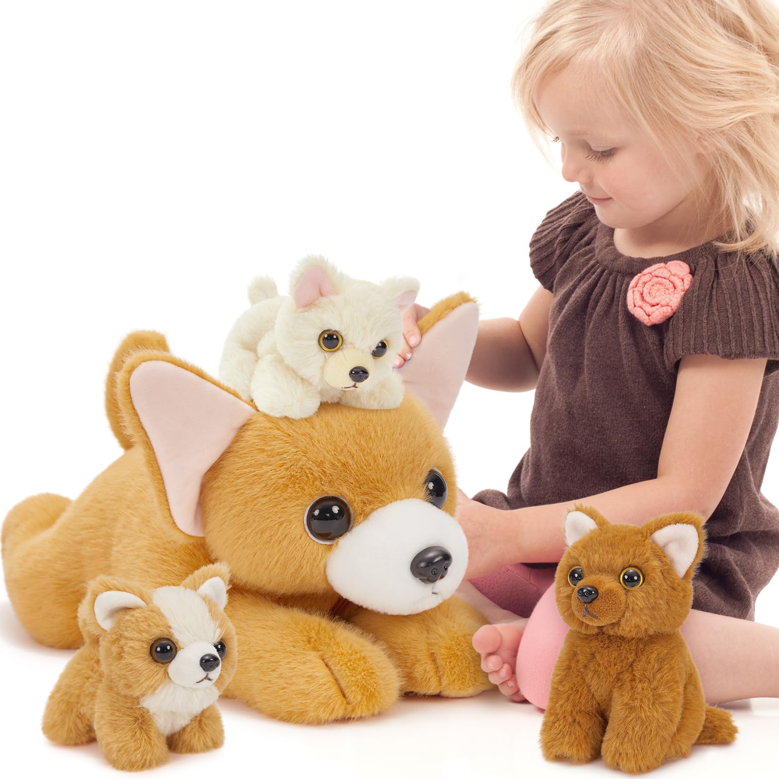 MaoGoLan 45cm Large Fluffy Big Ear Chihuahua Stuffed Animal, Mum Dog with 4 Puppies Inside, Light Brown Kawaii Teddy Dog Plush Toy, Kids Birthday Gift & Home Decoration โ image 1