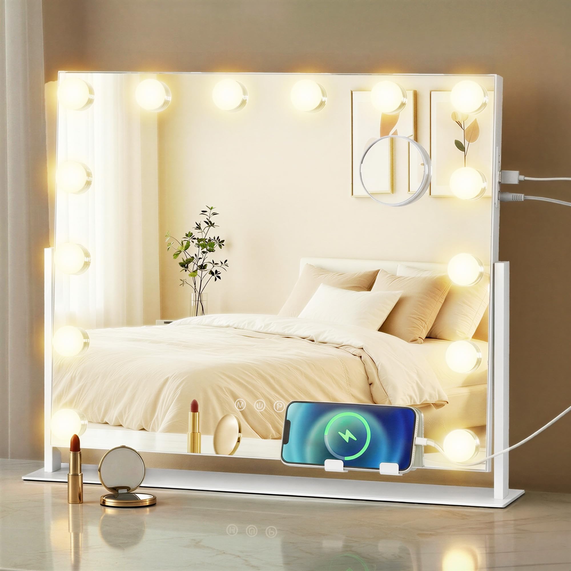 SONGMICS Miroir de Maquillage avec Lumières, 14 Ampoules LED, Ports de Charge, Miroir Grossissant Détachable 10x, 3 Températures de Couleur, Support de Téléphone, 50 x 42 cm, Blanc Mat LWM007WC02