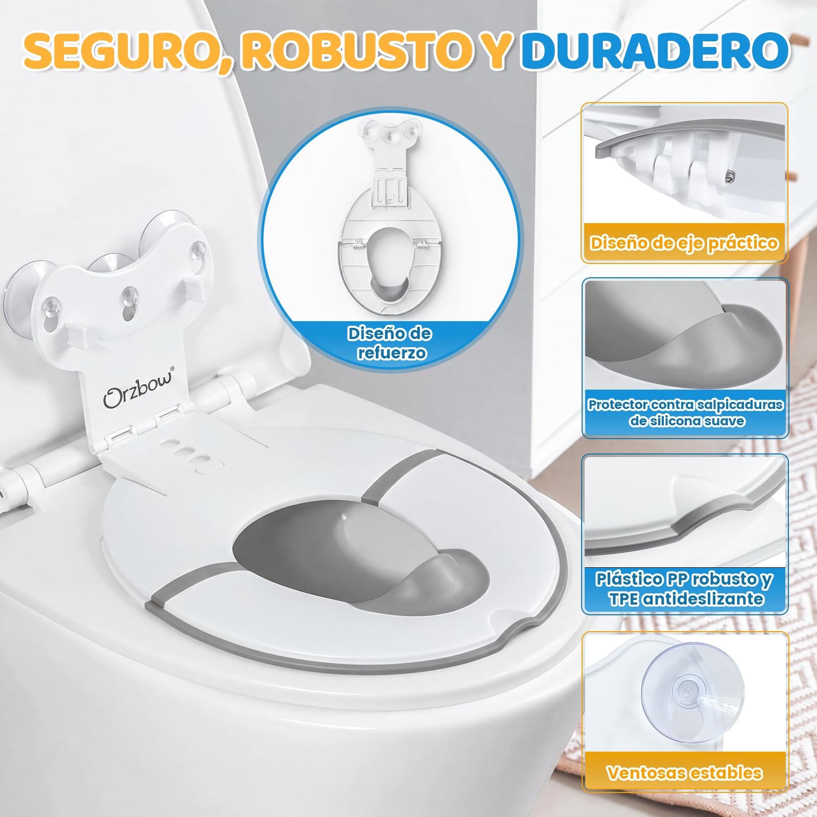 Orzbow Plegable Adaptador Wc Niños, Portatil Reductor Wc Niños con Barrera de Orina de Goma Blanda, Universal Adaptador Baño para Niños con Ventosa, Longitud Ajustable, Fácil de Instalar, Blanco