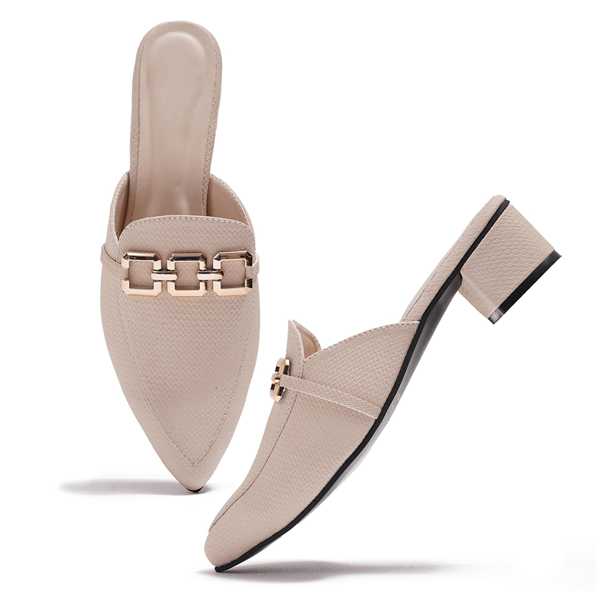 Froh Feet Womens Chunky Heel Mules Closed Pointed-Toe with Embllished Gold Chain Detail Heeled Slip on Clogs Casual Backless Loafers Shoes for Office Party & Cassual-image-7