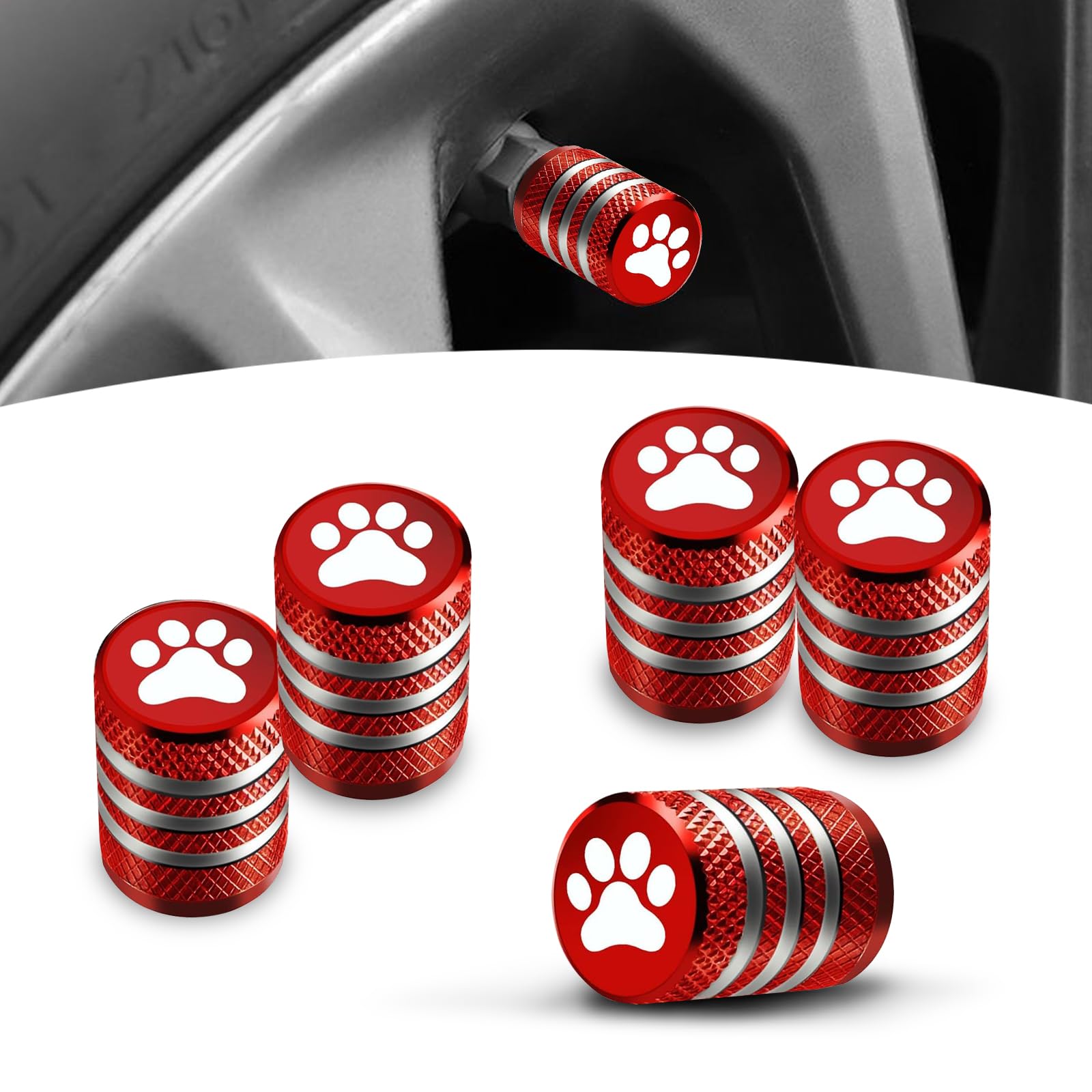 5 PCS Tire Valve Stem Cap Cover, Metal with Liner Resistant Leak-Proof Tire Air Cap, Dog Paw Car Tire Caps (Red)