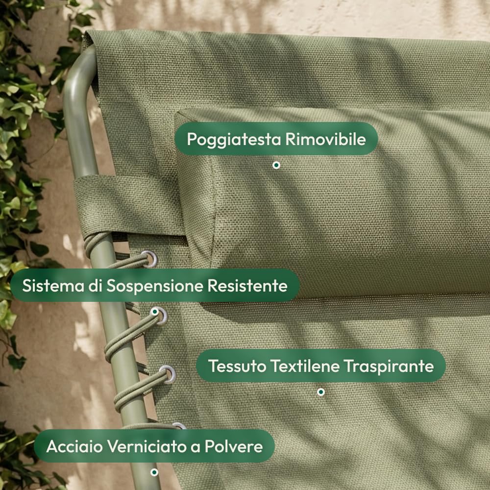 CASABEL Sedia Sdraio Pieghevole da Giardino, Set di 2 Lettini Pieghevoli Esterno Comodi e Resistenti, Struttura in Acciaio e Rivestimento in Textilene, Arredo Giardino Prendisole, Verde salvia
