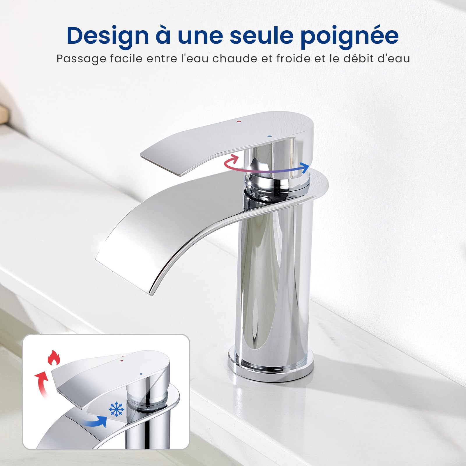 CECIPA Robinet Salle Bain, Moderne Mitigeur Lavabo Cascade, Hauteur de Bec 86 mm, Robinetterie Chromé G 3/8, Eau Chaude et Froide Disponible, Acier Inoxydable