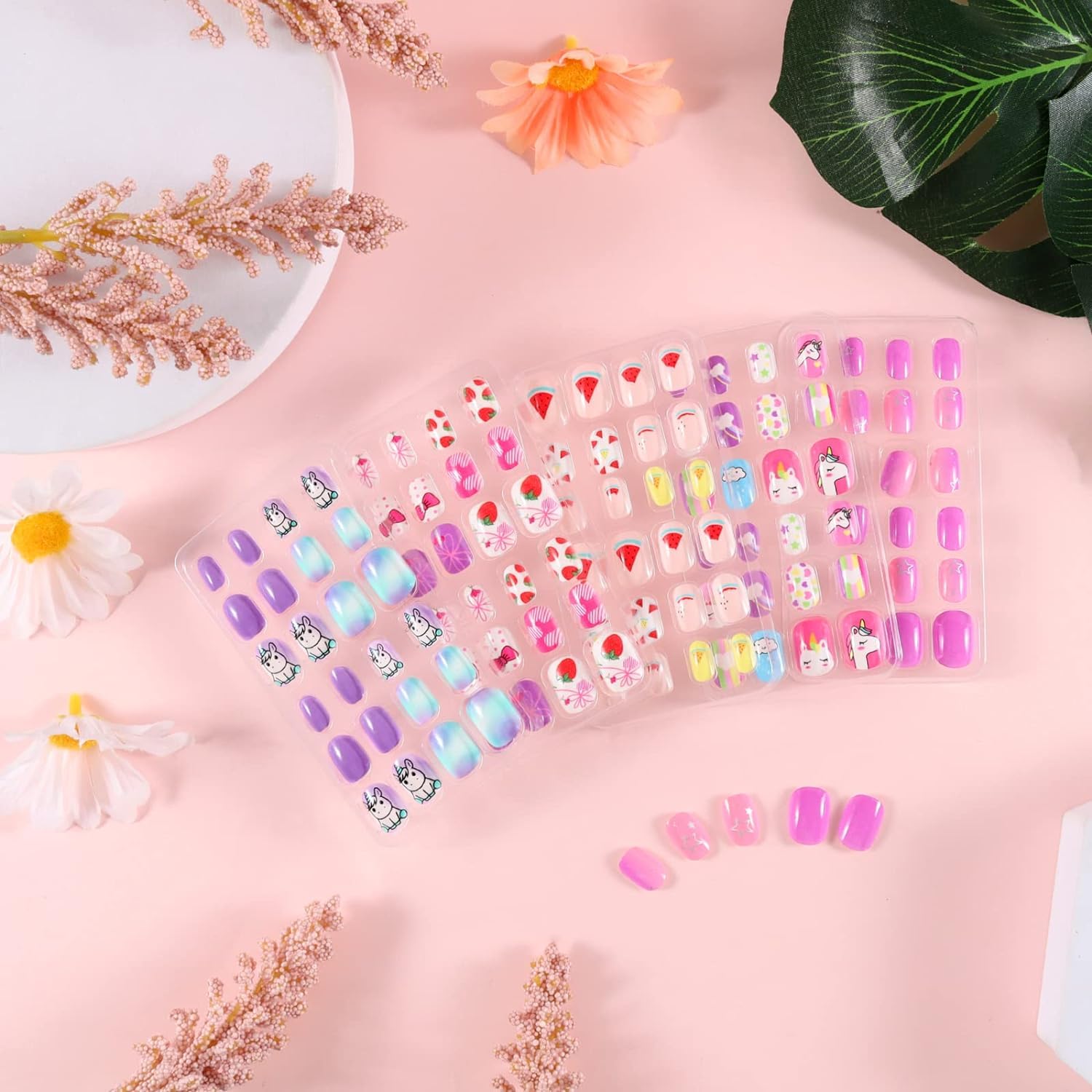 FICTIOUS Fake Nails for Kids Artificial Kids Press on Nails Full Cover Short Acrylic Stick On Nails False Nail Tips Kit for Children Nail Art Decoration, 48Pcs, Random color & Design – As per Stock Availibility