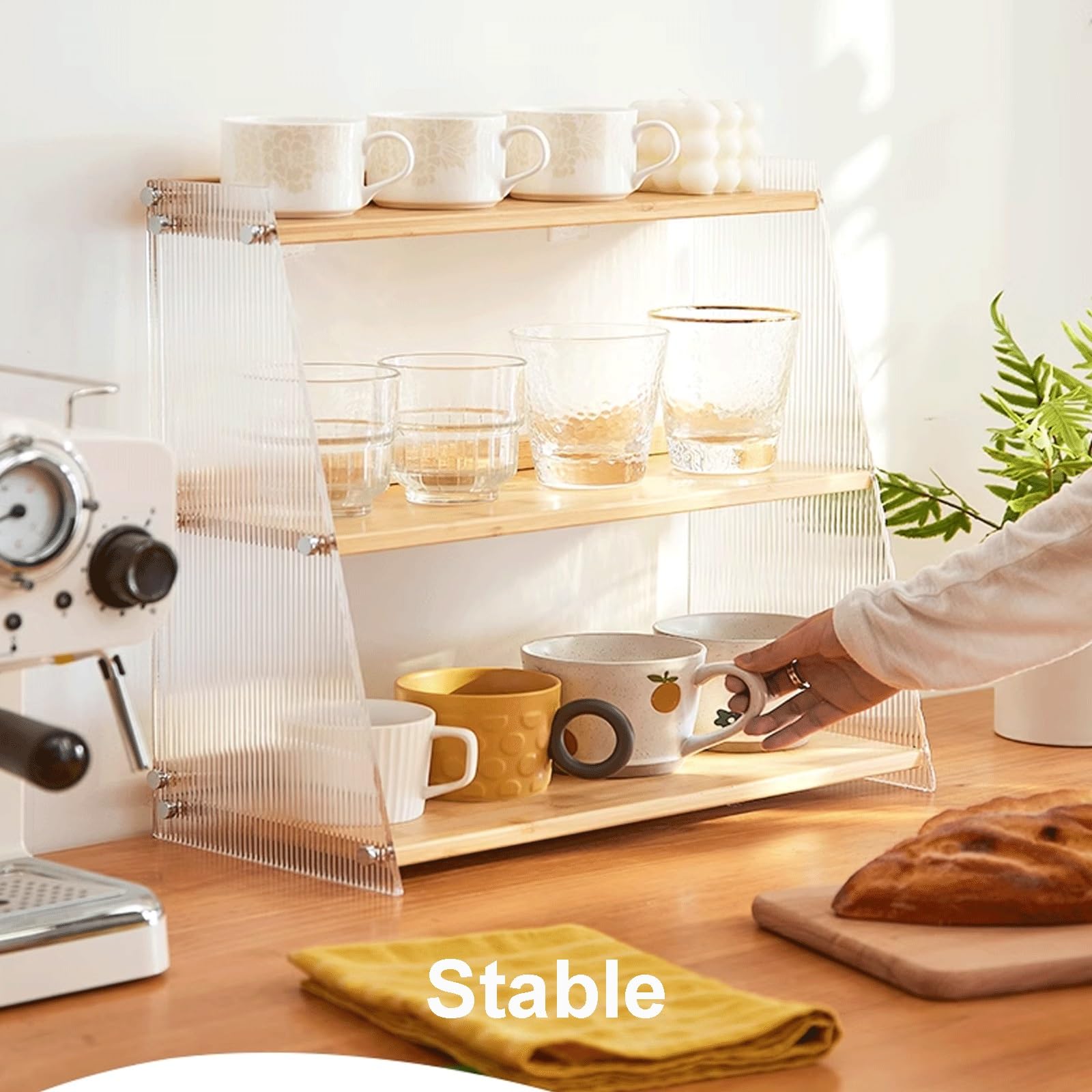 Organizador de estante de escritorio, pequeño soporte de MDF y acrílico para escritorio, transparente y natural, ideal para maquillaje y organización de dormitorio
