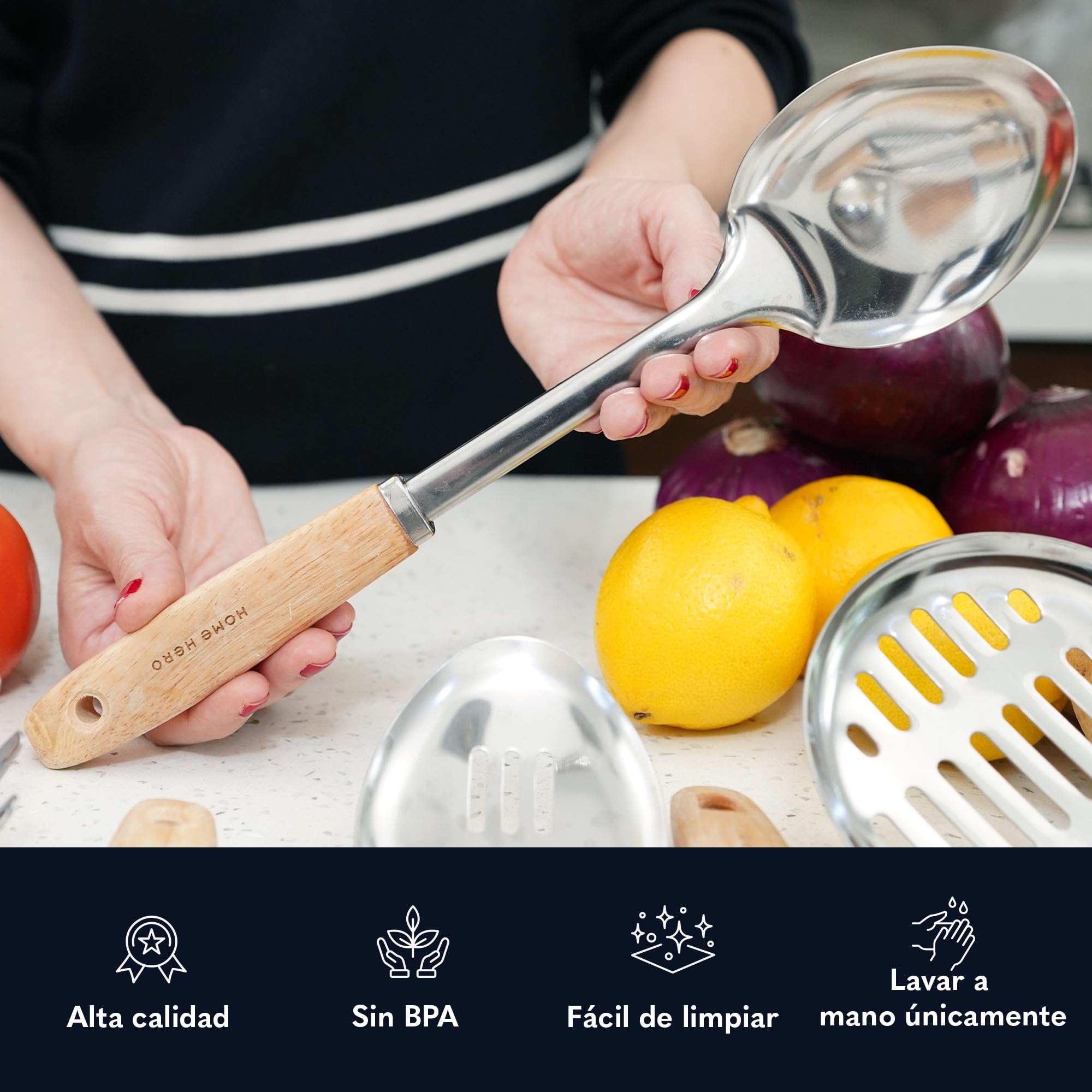 Home Hero Juego de utensilios de cocina de acero inoxidable Home Hero - Antiadherentes y duraderos - Utensilios y gadgets de cocina metálicos resistentes al calor (10 piezas - Madera y Plata)