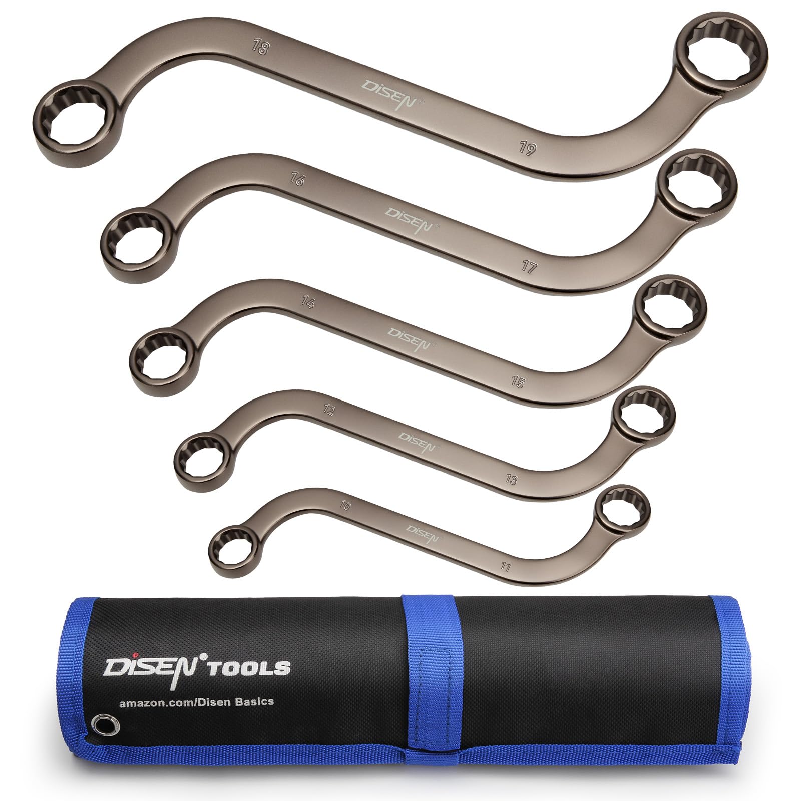 DISEN S-Style Box Wrench Set, Metric, 5-Piece, 10,11,12,13,14,15,16,17,18,19mm, 12 Point, CR-V Steel,Nickel Plating with Organizer Bag