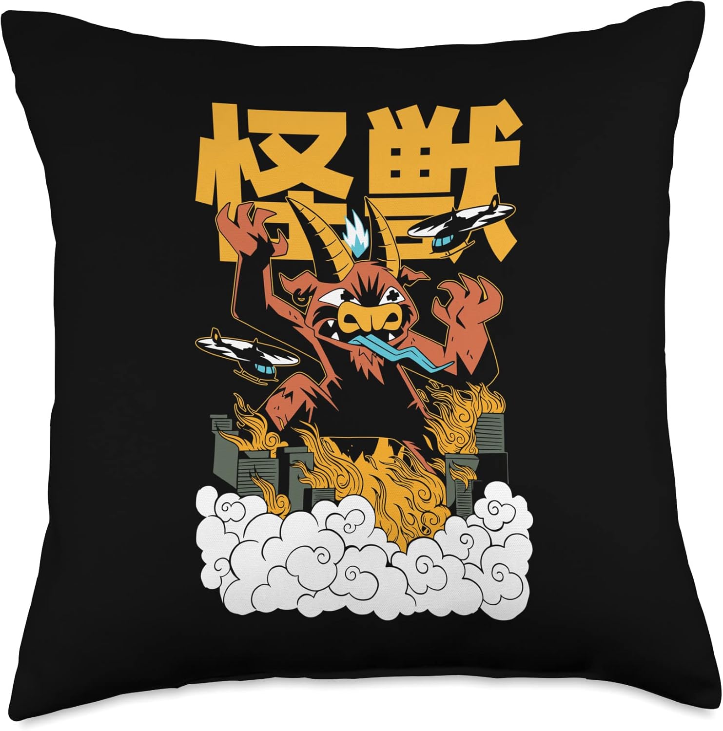 Japanese Yokai Kanji Huge Goat Monster Destroying a City