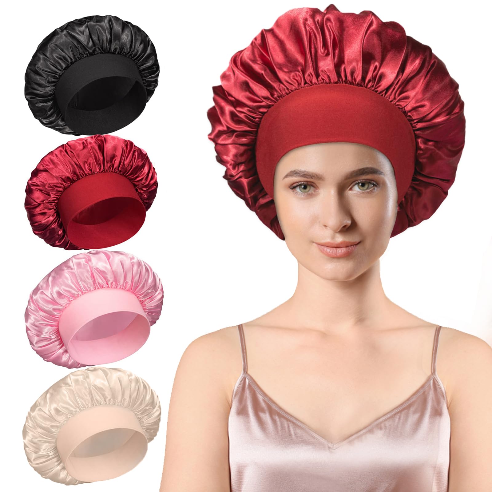 4Pcs Satin Bonnet, Hair Bonnet for Sleeping Silk Hair Hat, Night Hair Sleeping Caps with Wide Elastic Band