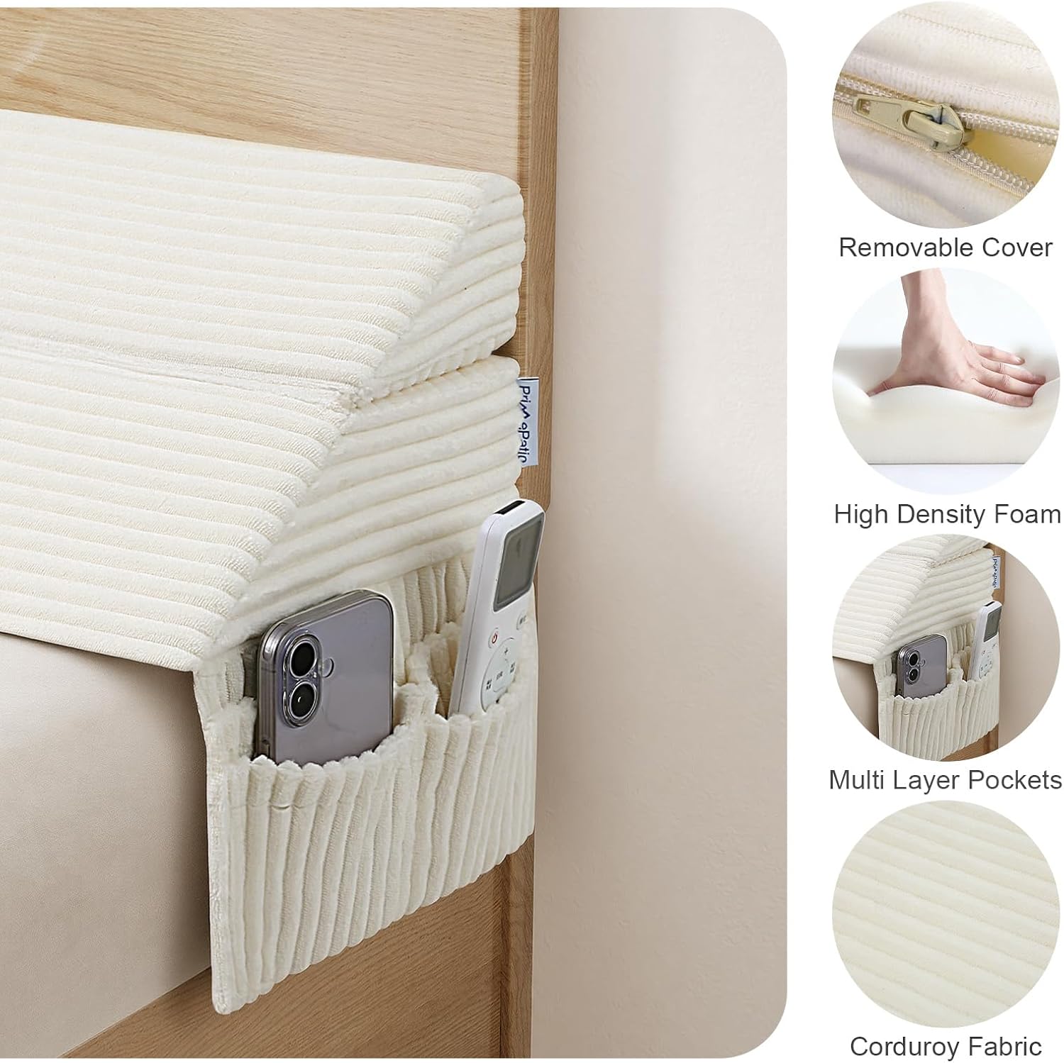 Bed Wedge Pillow for Headboard Gap Filler, King Bed Gap Filler Mattress(0-7''), Foldable Wedge Pillow Headboard with Side Pocket, Prevents Items from Falling, Corduroy, Beige
