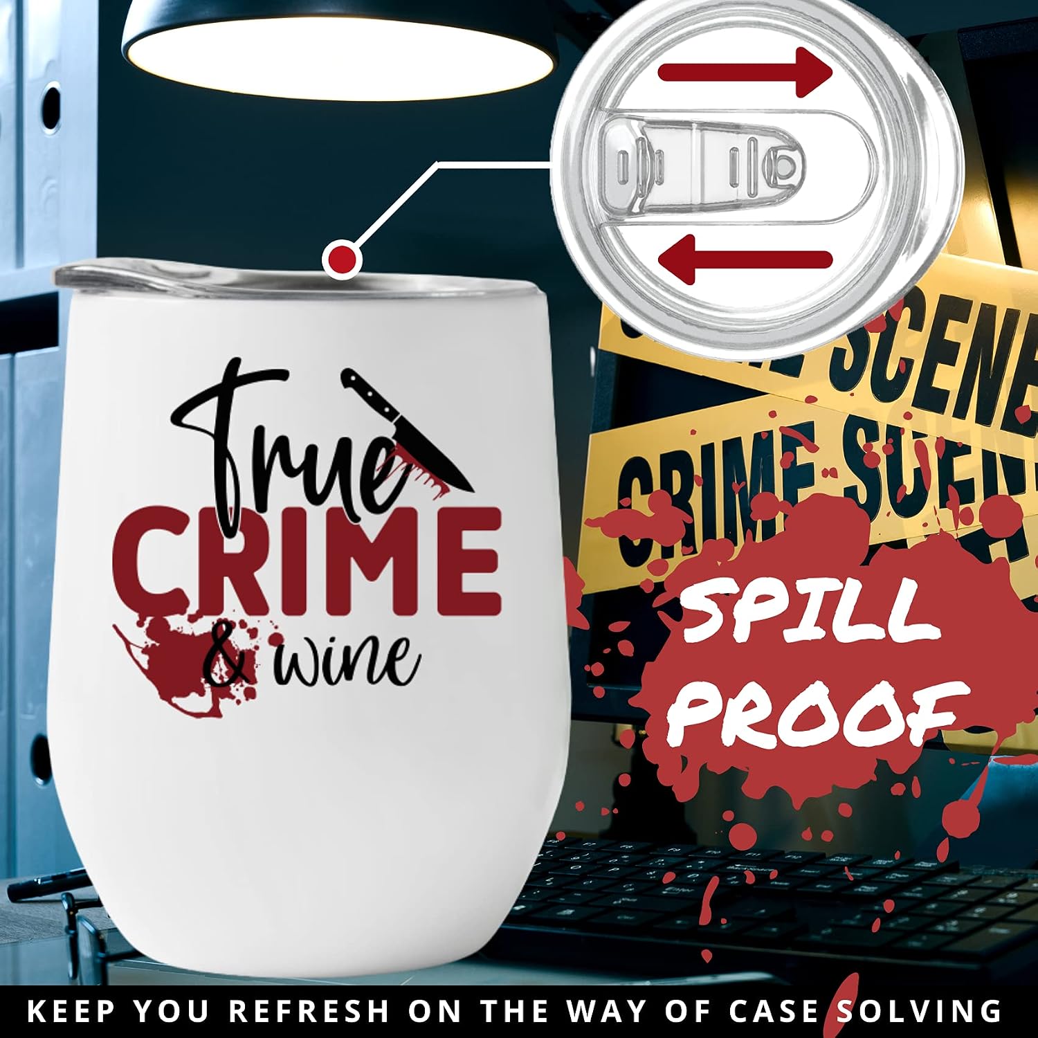Onebttl True Crime Gifts for Crime Scene Lovers, Detective, Murderino, Investigators, Crime Documentaries Loverss, 12Oz Stainless Steel Tumbler Mug Cup, White