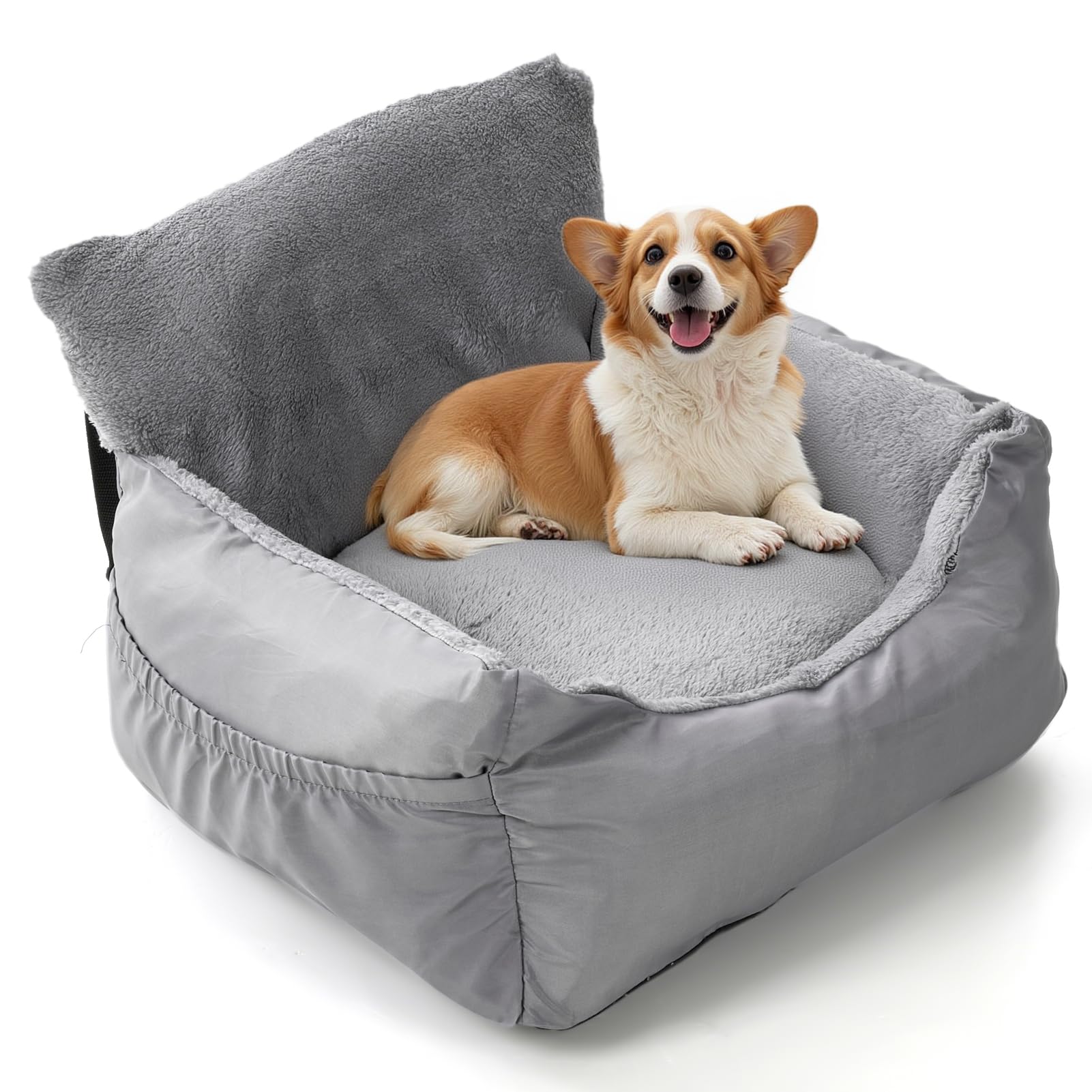 The Fellie Dog Car Seat for Small Dogs, Waterproof Pet Car Booster Seat with Safety Leash, Comfortable Pet Travel Bed with Storage Pocket & Non-Slip Base, Safety Dogs Bed for Travel, 55x50x35cm, Grey