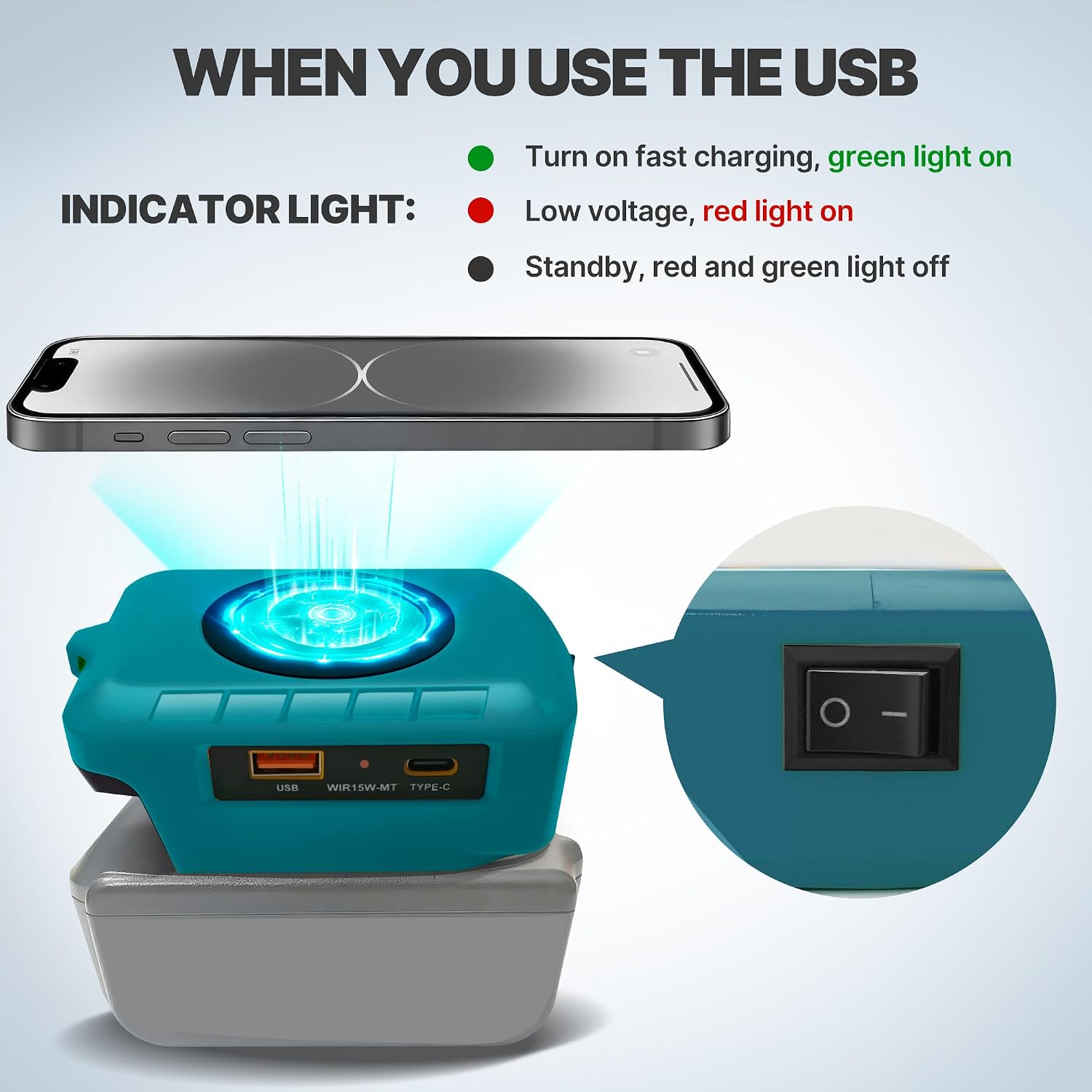 Wireless Phone Charger for Ma-Kita 18V Battery,Battery Adapter with USB and Type-C Output, for Camping Travel,Outdoor Working (Wireless Charger for Ma-Kita 18V)